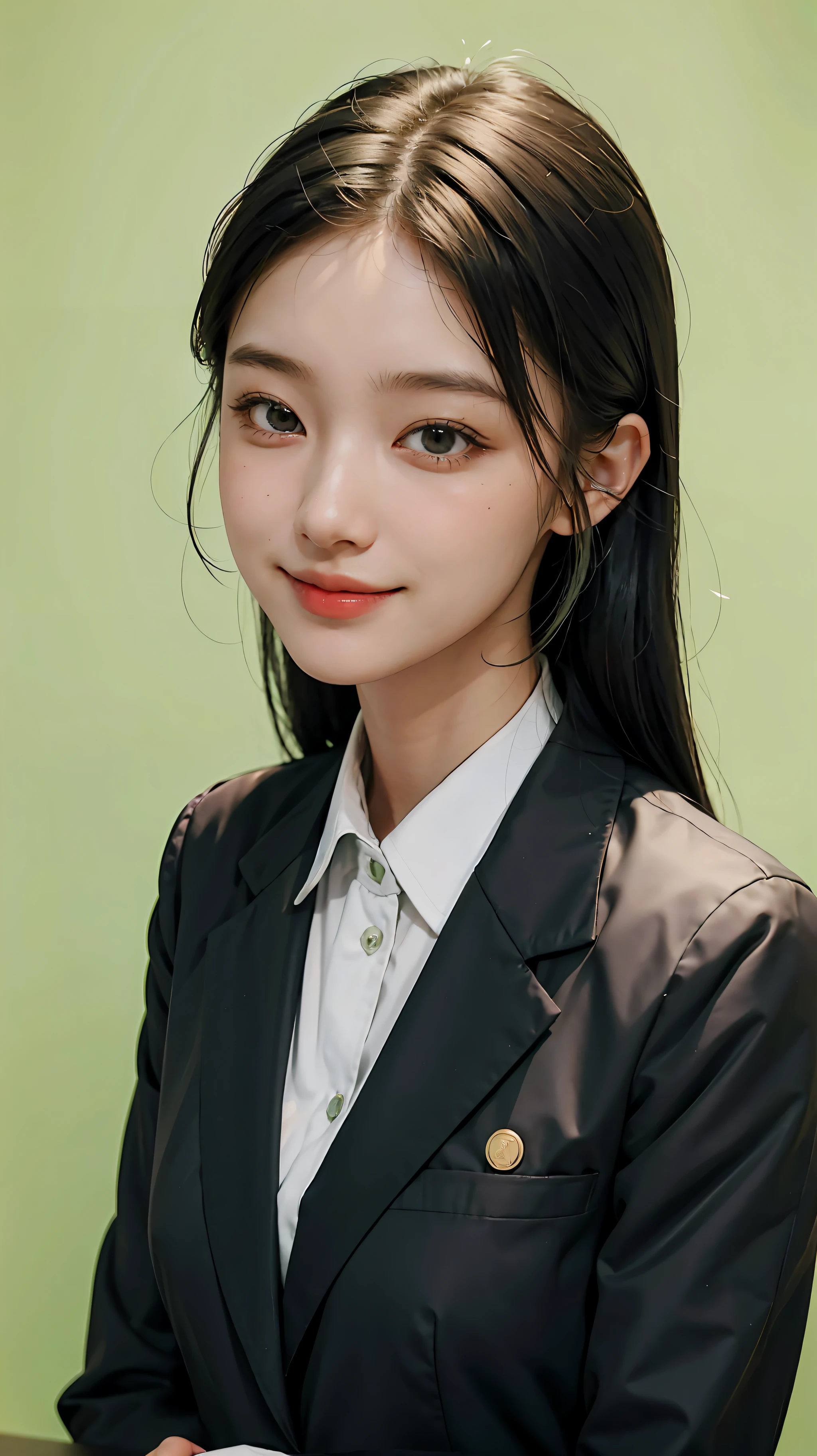 Girl smiling in hotel black suit uniform with light green background