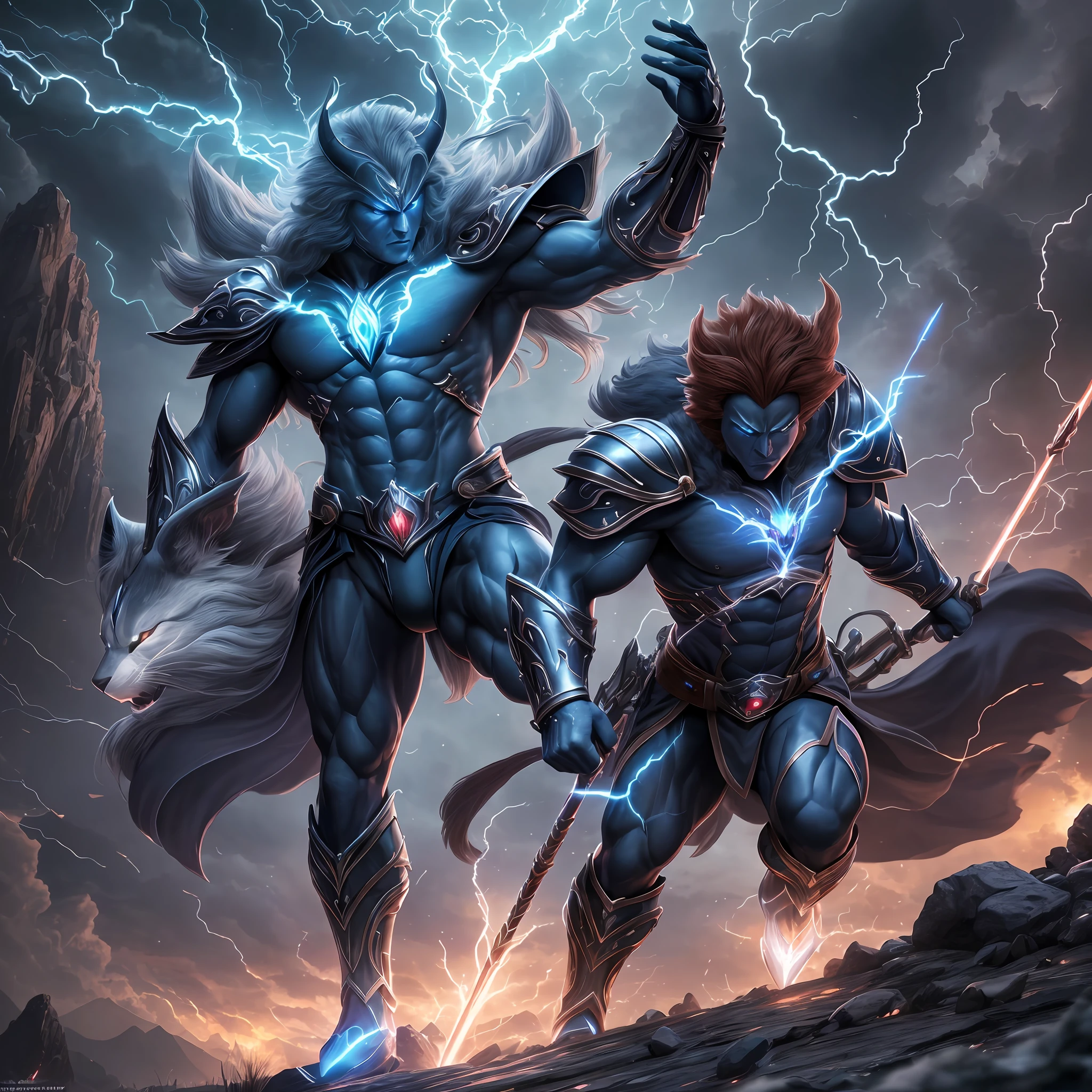 (extremely detailed CG unity 8k wallpaper), best quality, an extremely delicate and beautiful, dynamic pose, (1 male+1 female), thundercats, armor, weapons, glowing eyes, blue fur, lightning, stormy sky, floating rocks, dramatic lighting. --auto --s2