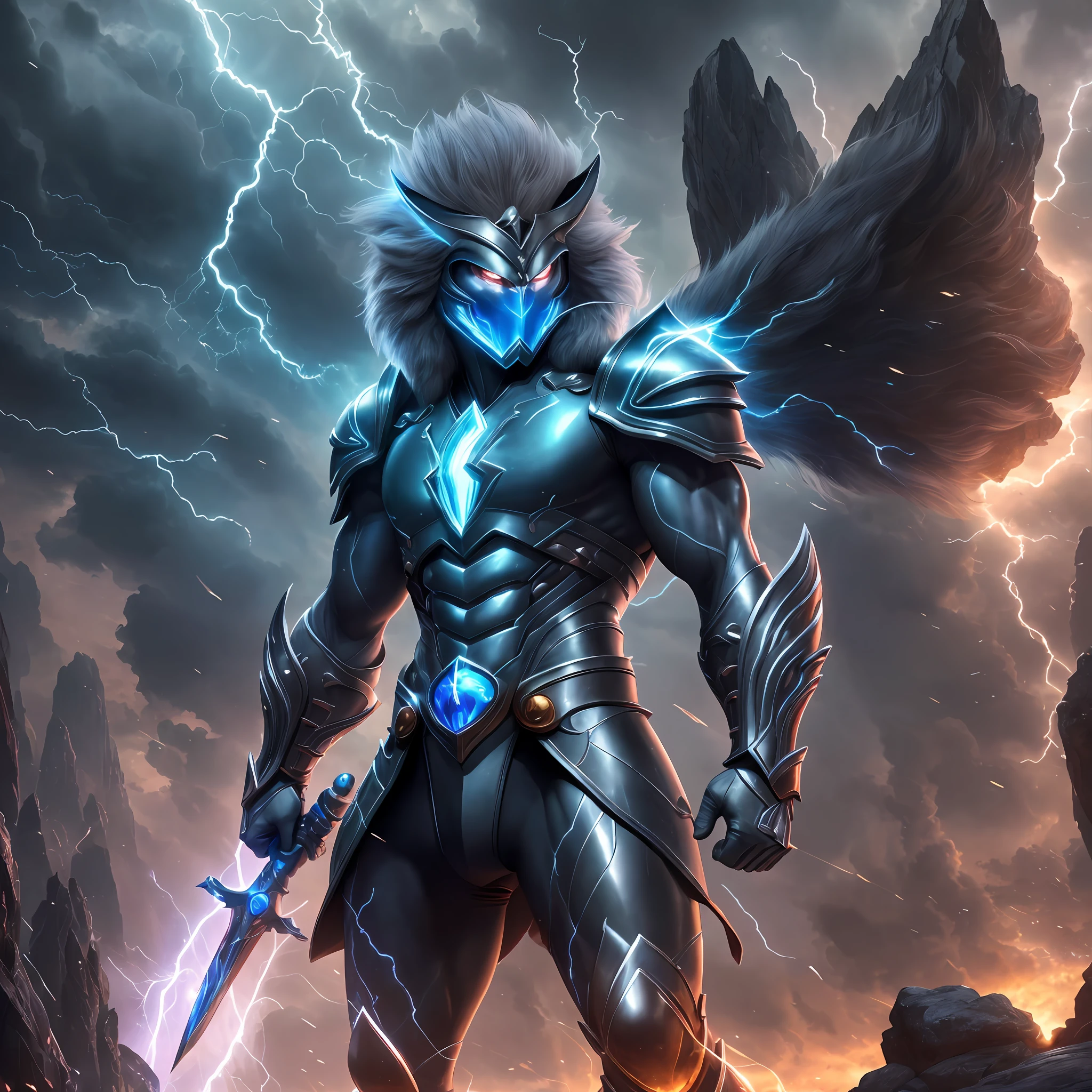 (extremely detailed CG unity 8k wallpaper), best quality, an extremely delicate and beautiful, dynamic pose, (1 male+1 female), thundercats, armor, weapons, glowing eyes, blue fur, lightning, stormy sky, floating rocks, dramatic lighting. --auto --s2