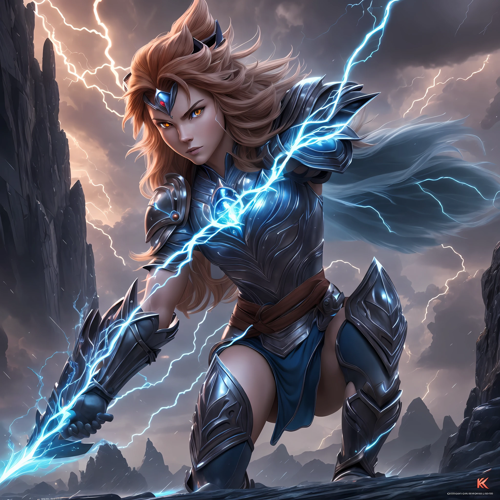 (extremely detailed CG unity 8k wallpaper), best quality, an extremely delicate and beautiful, dynamic pose, (1 male+1 female), thundercats, armor, weapons, glowing eyes, blue fur, lightning, stormy sky, floating rocks, dramatic lighting. --auto --s2