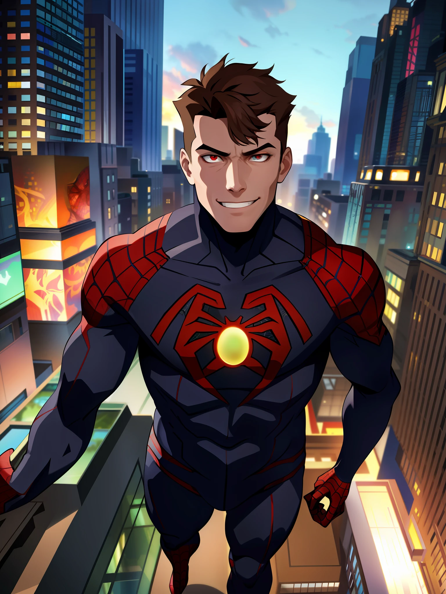 spider suit, spider web print, spider web, spider-man
Masterpiece, absurdres, fine detail, HDR, ((highly detailed face and eyes)), photorealistic,
focus on eyes,
standing on the roof of a skyscrapper, ((unmasked)), looking at viewer, smiling, short brown hair,
new york buildings background,