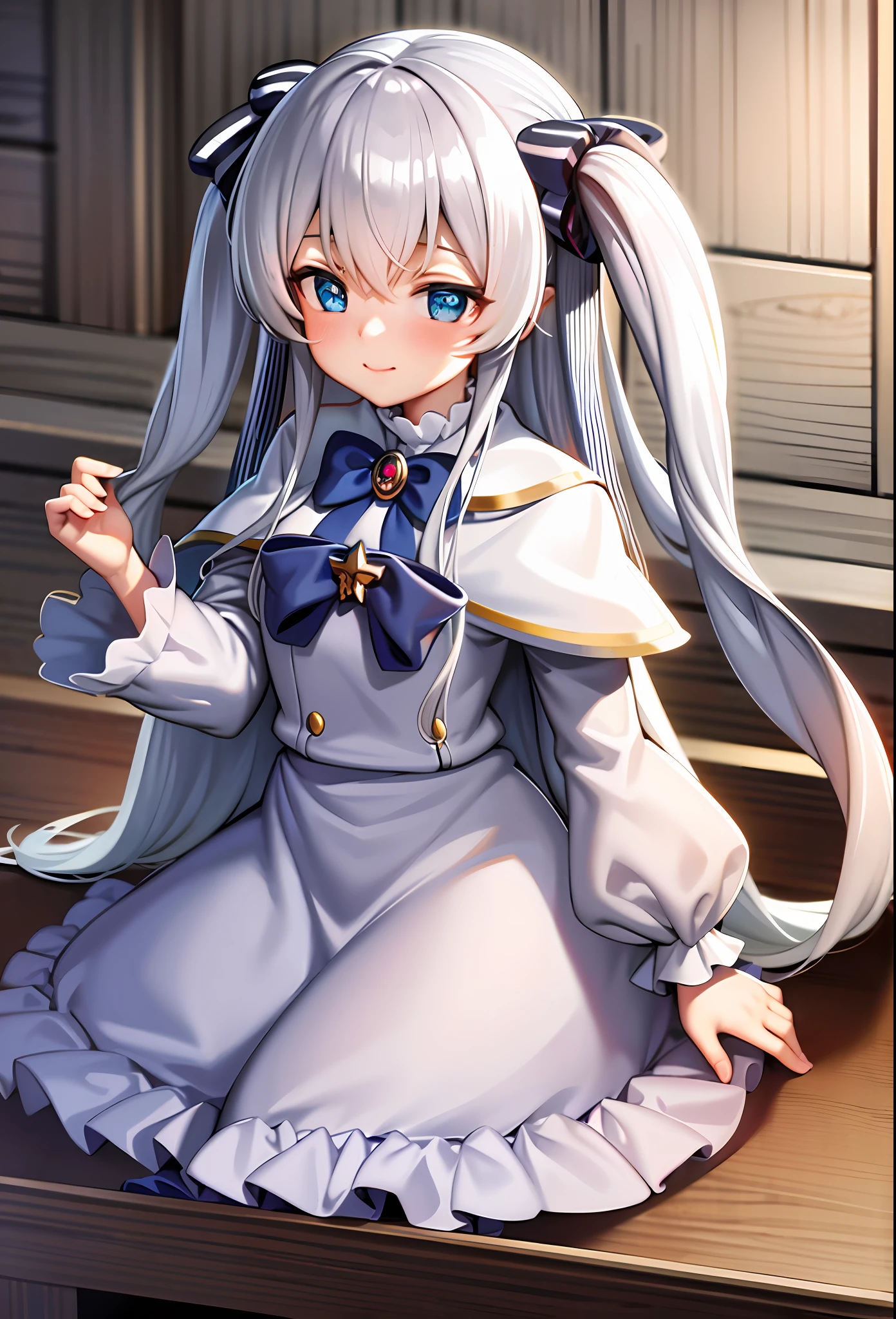 masterpiece, best quality, highres, 1girl, celia claire, white capelet,loli, light smile,(beautiful detailed eyes:1.2), upper body,focus on faace,