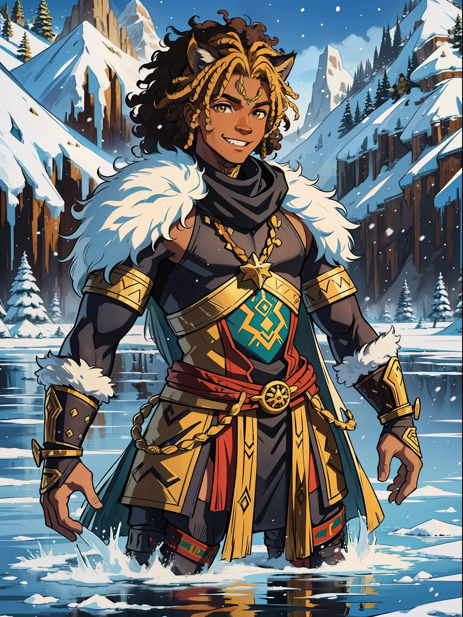 A young African warrior man from Wakanda with black afro brown skin with curly curly yellow hair and a fun look smiling in the middle of a frozen lake in winter surrounded by forest in the snowy mountains wearing a medieval RPG dnd outfit, put lynx ears on this man and lynx eyes