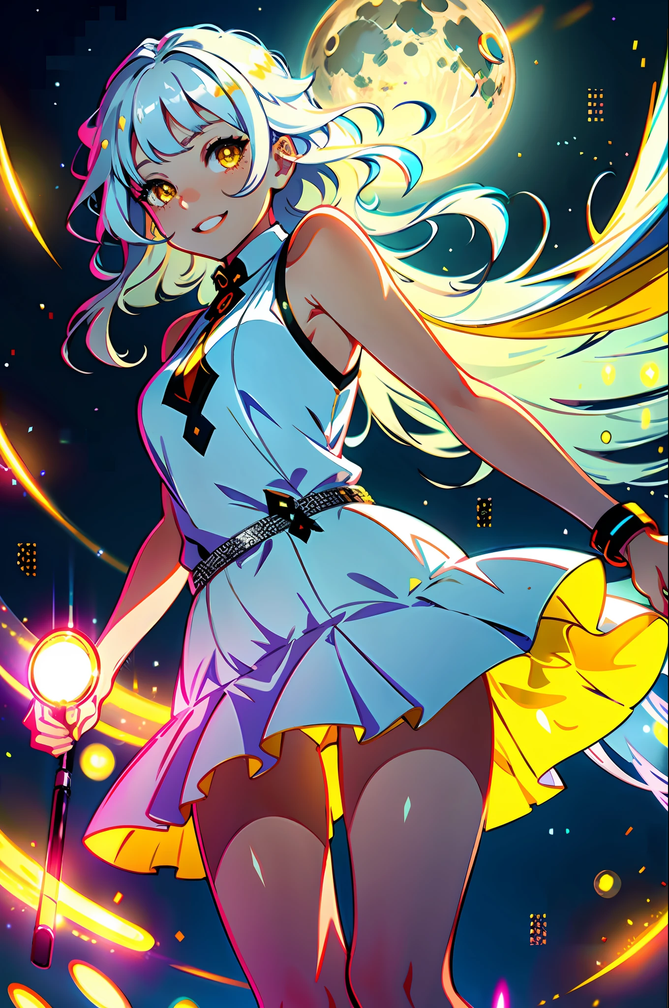 super smile, high image quality, mini skirt, red cheeks, one girl, alone, silver hair, long wavy hair, yellow eyes, bright pupils, long dress, white dress, night background, full moon, warm light