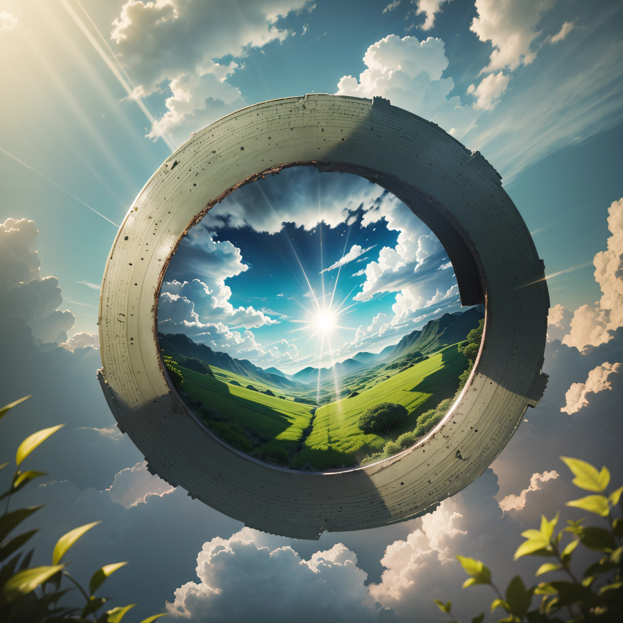 a landscape of sky with clouds, with rays of sun shining among the clouds of less grayish tones, and a ray of the sun hits the ground with grass in green color, in the background with a plain with the presence of vegetation in green color, a rounded object in the shape of a heart similar to the robot that shines with the light of this ray of sun touching it, that appears the image of stars shining inside this object --auto --s2