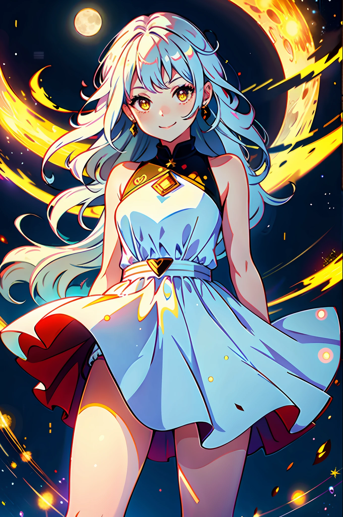 super smile, high image quality, mini skirt, red cheeks, one girl, alone, silver hair, long wavy hair, yellow eyes, bright pupils, long dress, white dress, night background, full moon, warm light