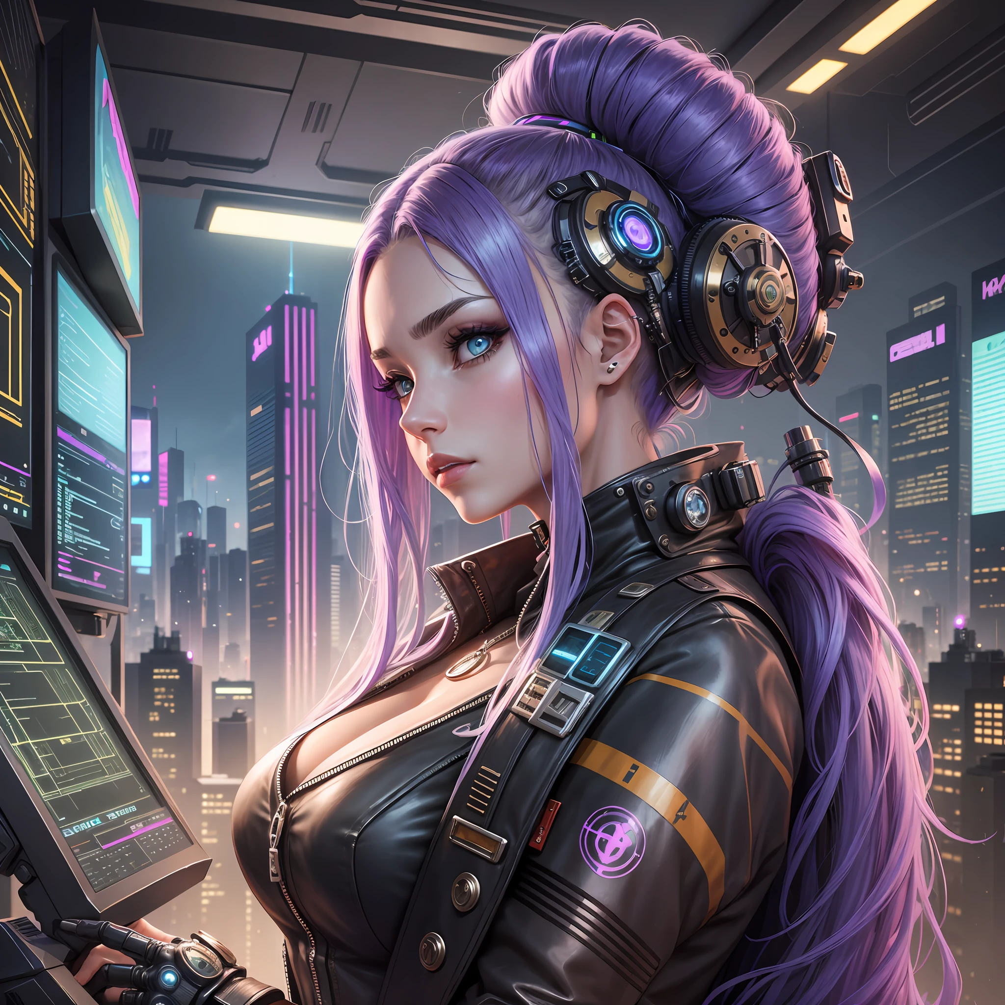Young woman, cybernetic hair, connected to a cyberpunk supercomputer, with a view of a steampunk city, accessing a super productivity system called the Genius ecosystem --auto --s2