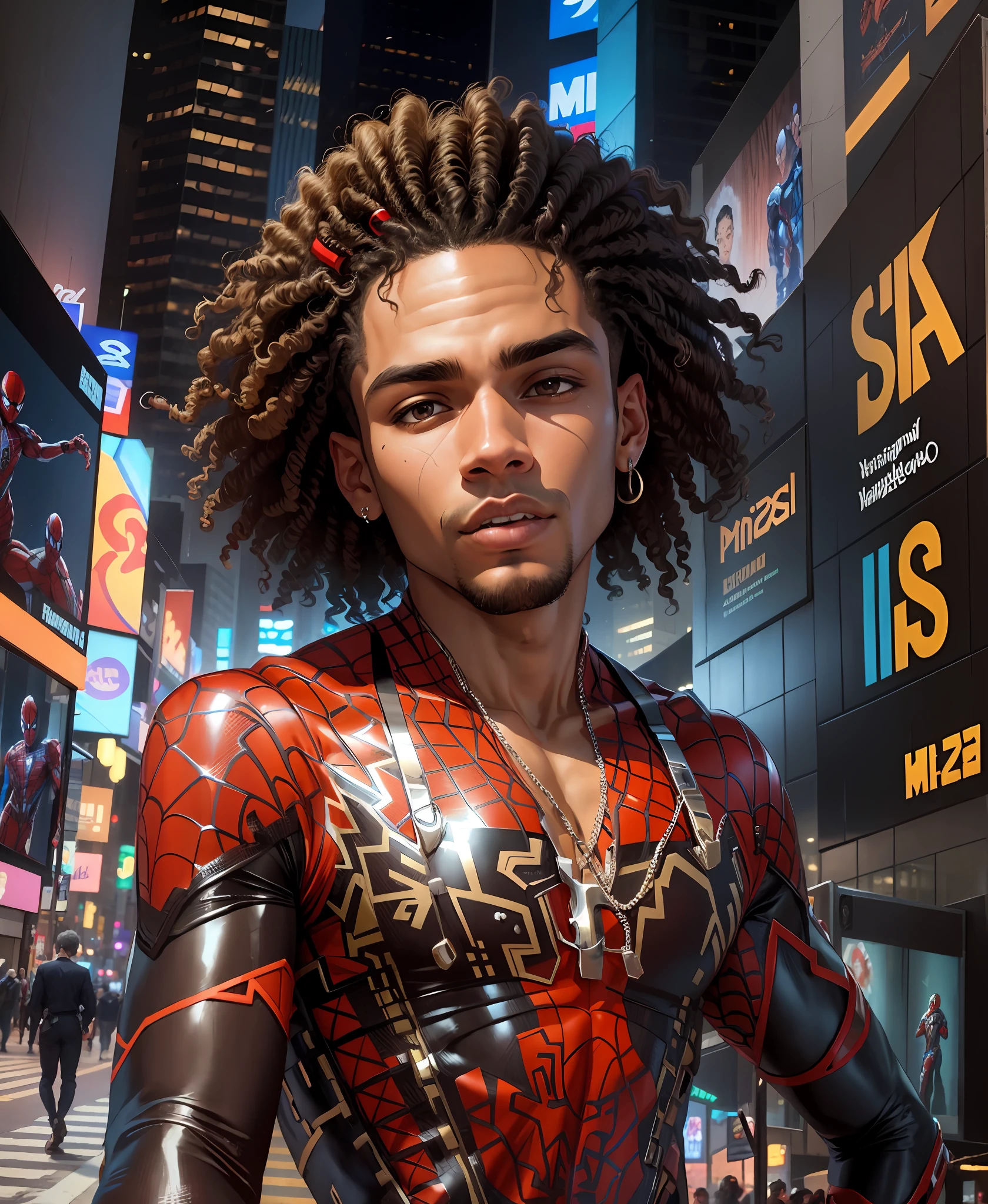 Handsome lightskin brown mixed race man with curly hair fit body wearing miles futuristic spiderman cosplay suit in the middle of times square taking a selfie no earrings
