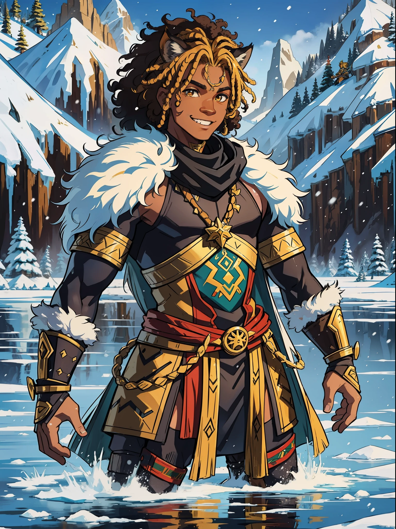 A young African warrior man from Wakanda with black afro brown skin with curly curly yellow hair and a fun look smiling in the middle of a frozen lake in winter surrounded by forest in the snowy mountains wearing a medieval RPG dnd outfit, put lynx ears on this man and lynx eyes