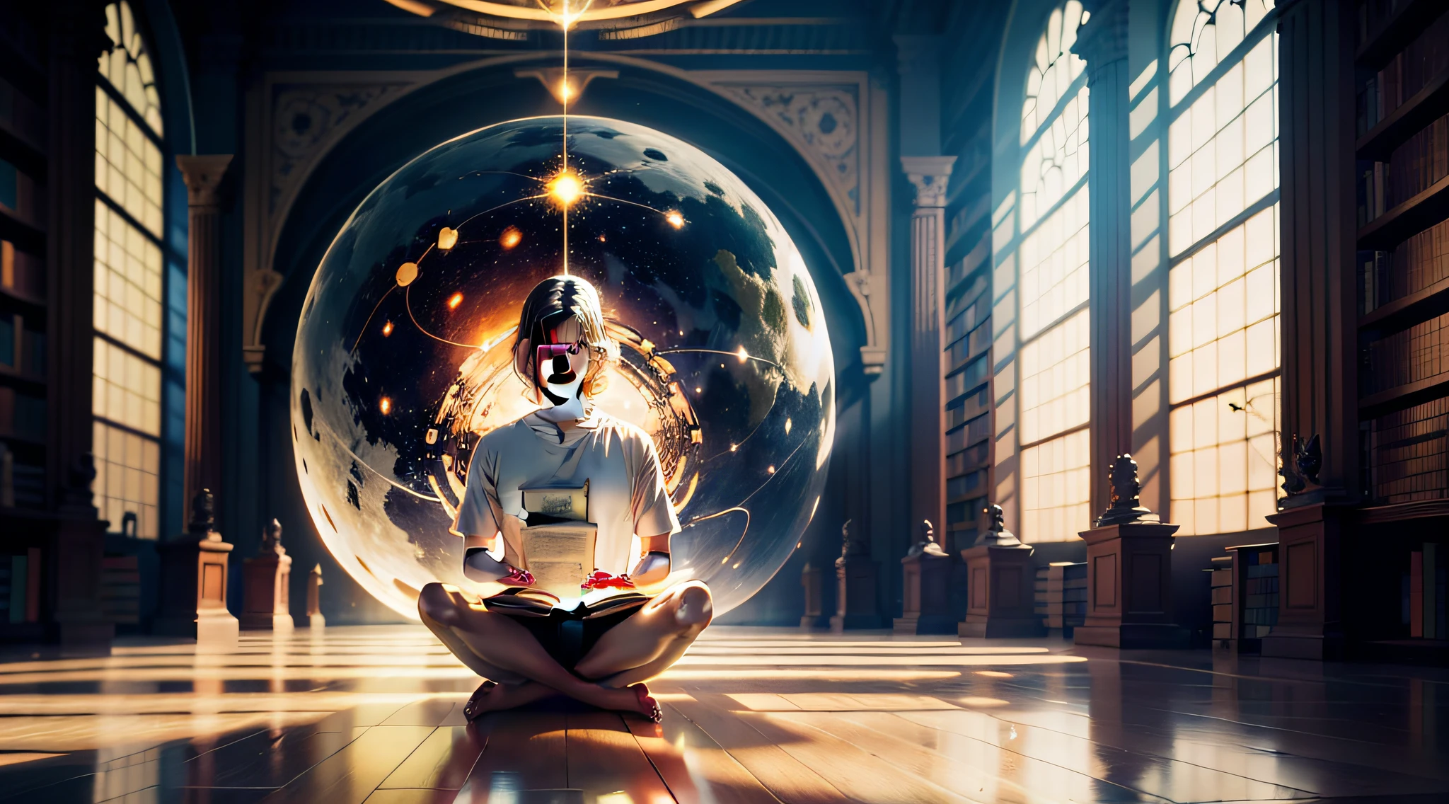 realistic full-body human being, meditating on a floor made of the universe, perfect face, a golden light of cosmic information falling on the human, image of the interior of a large library with many books, power of meditation