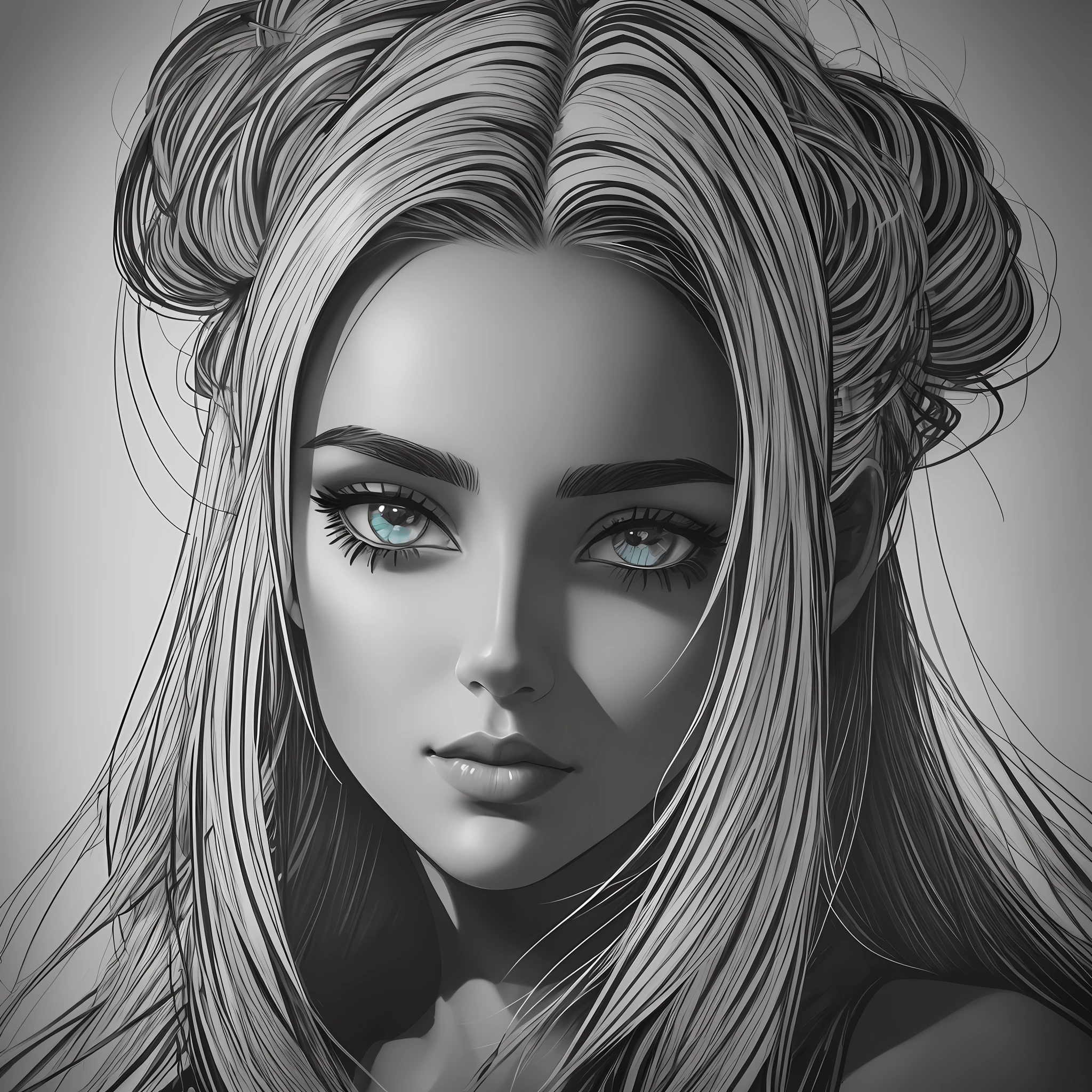 sketching the woman’s face and hair almost in black and white, then adding shading and highlights to create depth and dimension. Using a limited color palette of mostly black and white with small pops of color creating a striking effect. --auto --s2