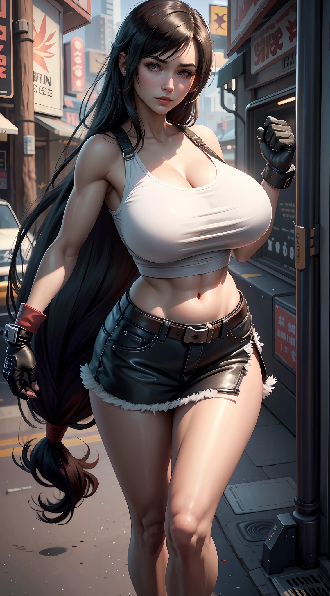 Tifa lockhart, tifa_lockhart, ff7, sultry face, (white tank top:1.2), black miniskirt, (black long hair), hair bangs (red eyes:1.3) long eyelashes, beautiful red eyes with brightness, surrealism, shadow, stereogram, (photorealistic, realistic: 1.2), POV, atmospheric perspective, cinematic lighting, ray tracing, 8k, super detail, best quality, masterpiece, well detailed, (Canan EOS R6, 135mm, 1/1250s, f/2.8, ISO 400:0.9), cyberpunk, neon, neon signs, ramen shops, (huge breasts:1.5) red gloves