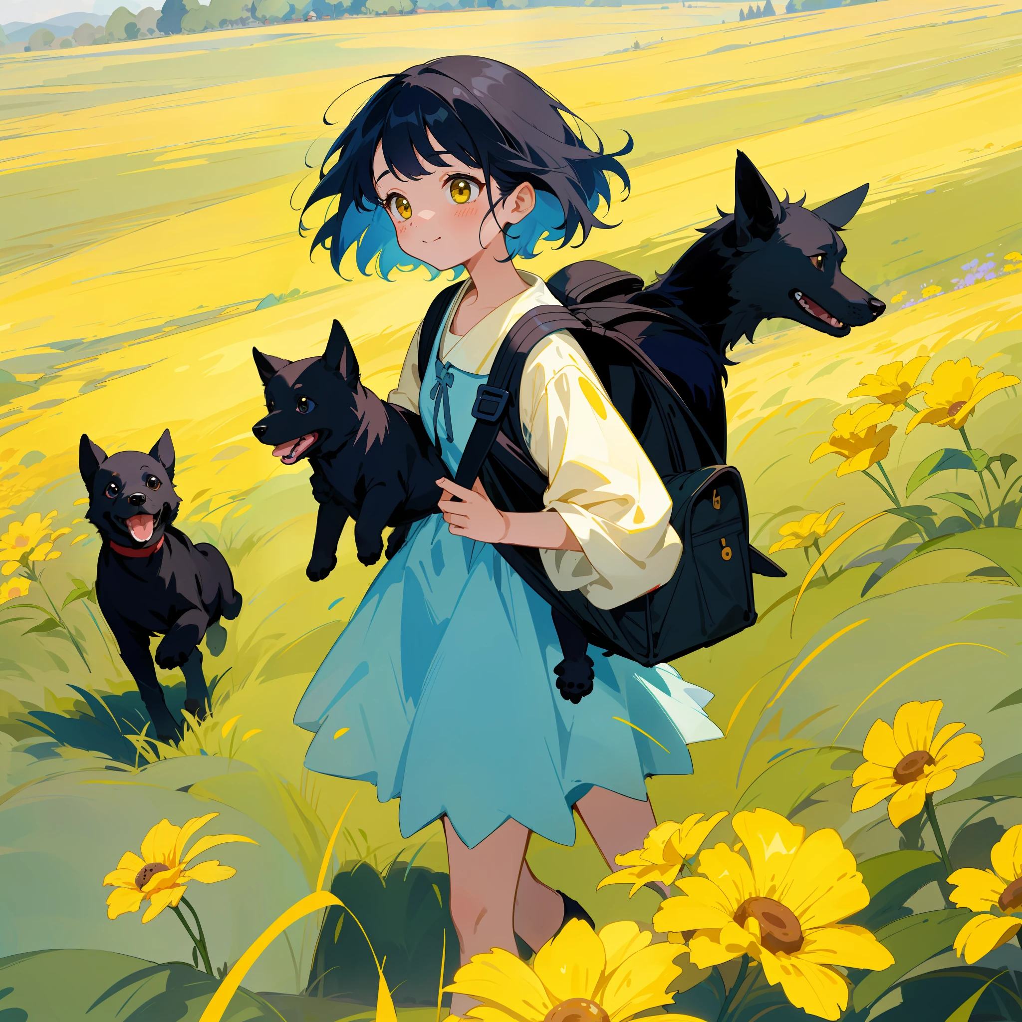 Prompt: A little girl, lora, incredibly charming carrying a backpack, accompanied by her adorable black puppy, pintcher breed, enjoying an adorable spring walk surrounded by beautiful yellow flowers and natural landscapes. The illustration is in high definition in 4k resolution, with highly detailed facial features and cartoon-style visuals.