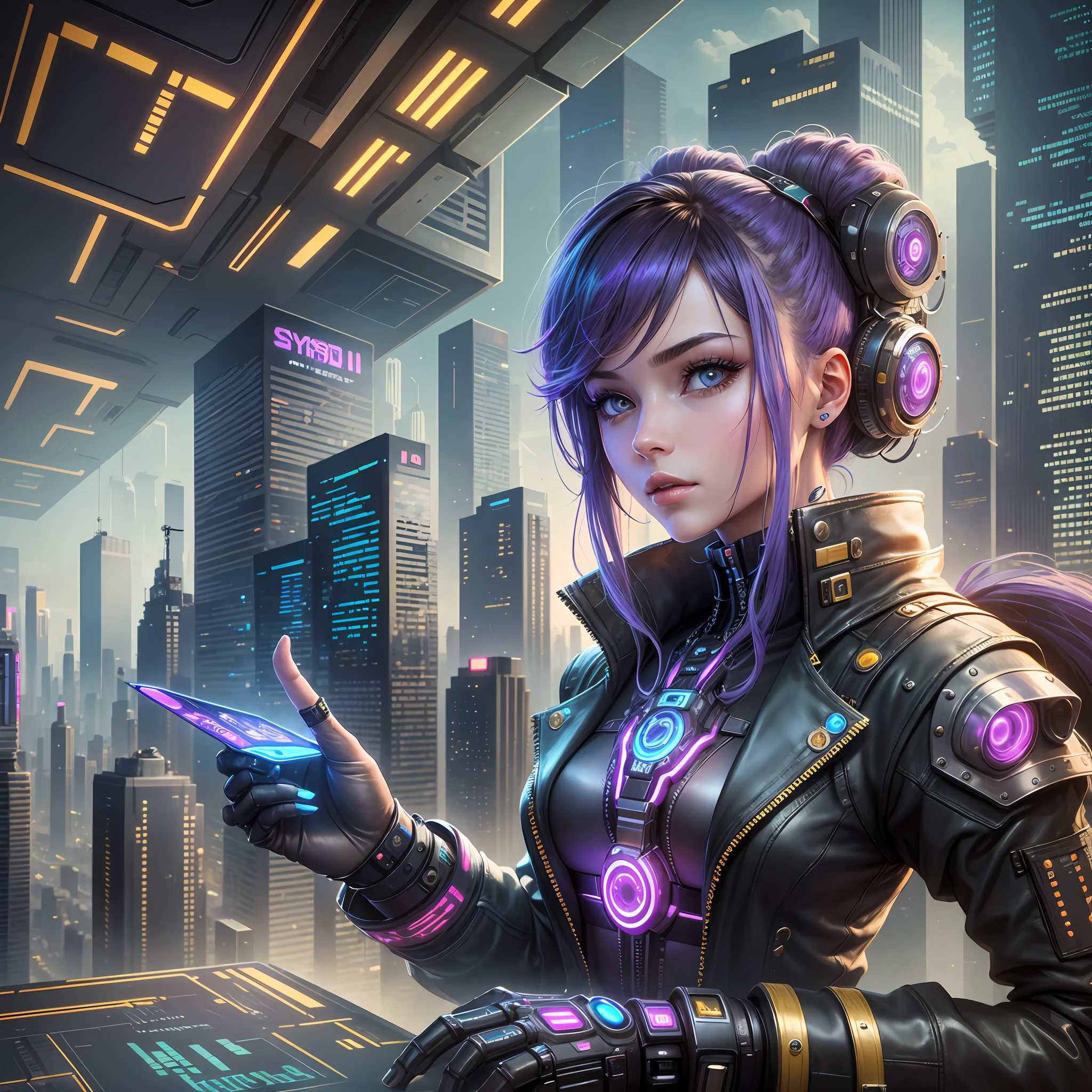 Young woman, cybernetic hair, connected to a cyberpunk supercomputer, with a view of a steampunk city, accessing a super productivity system called the Genius ecosystem --auto --s2