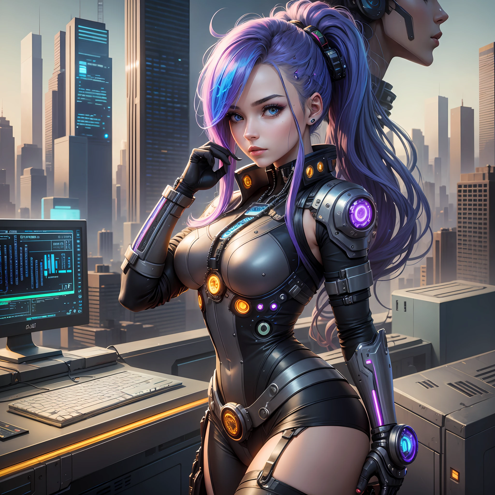 Young woman, cybernetic hair, connected to a cyberpunk supercomputer, with a view of a steampunk city, accessing a super productivity system called the Genius ecosystem --auto --s2