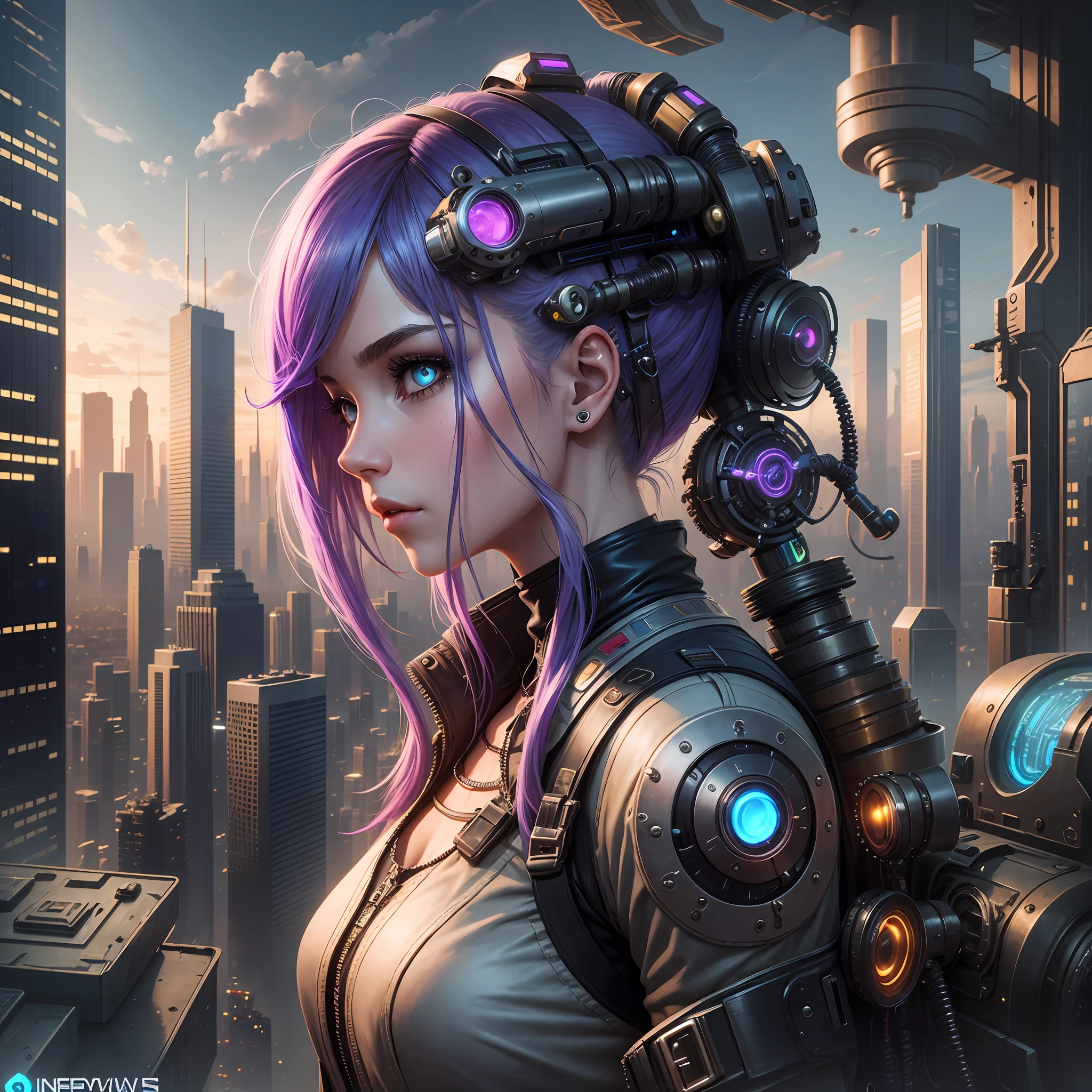 Young woman, cybernetic hair, connected to a cyberpunk supercomputer, with a view of a steampunk city, accessing a super productivity system called the Genius ecosystem --auto --s2