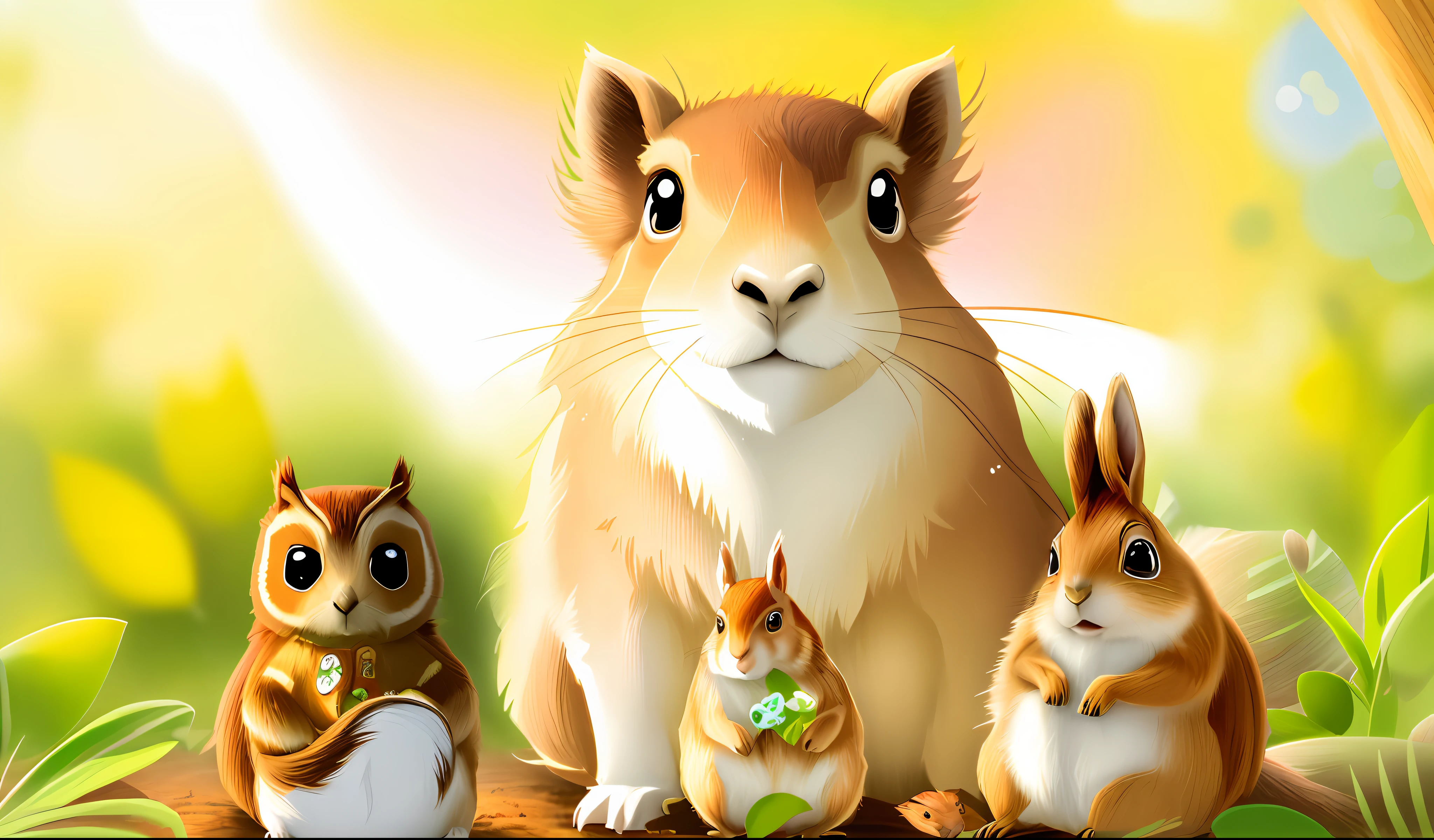 Picture style Colorful cartoon for children. A brown Capybara sitting in the center of the image, in front of it we see a small squirrel sitting holding a walnut, already on the right side we see an owl, and on the left side is a beautiful and cute white furry rabbit, in the background we see a beautiful and beautiful forest.