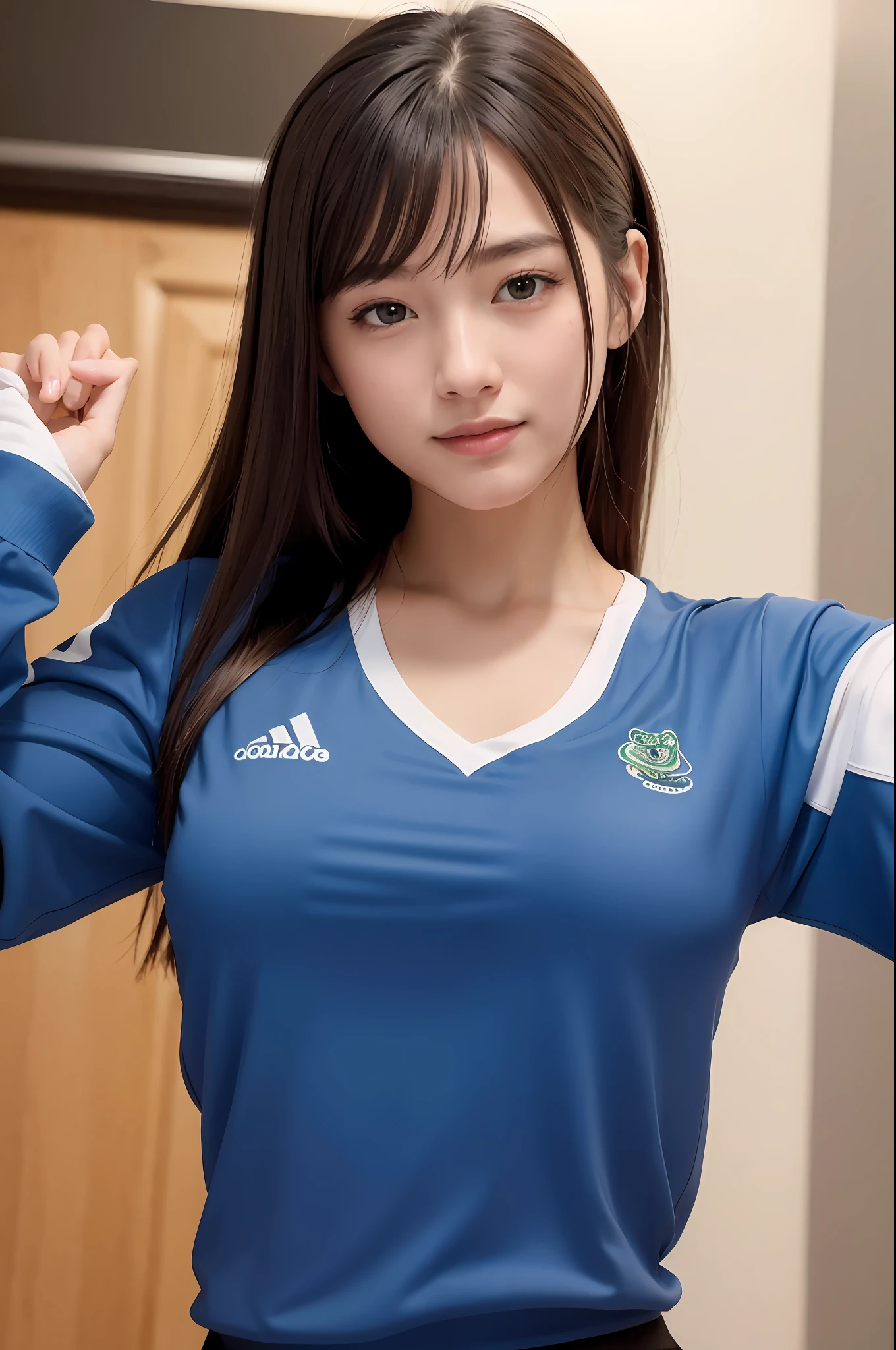 (8K, Best Quality, Masterpiece: 1.2), (Realistic, Photorealistic: 1.37), Super Detail, 1 Girl, 20 years old, Big, Beauty, Cute, Smile, Solo, Workout Gym, Sportswear, (Redness of the Nose), (Smile: 1.15), (With Mouth Closed), Beautiful Eyes, (Long Hair: 1.2), Floating Hair Novafrog style, upper body
