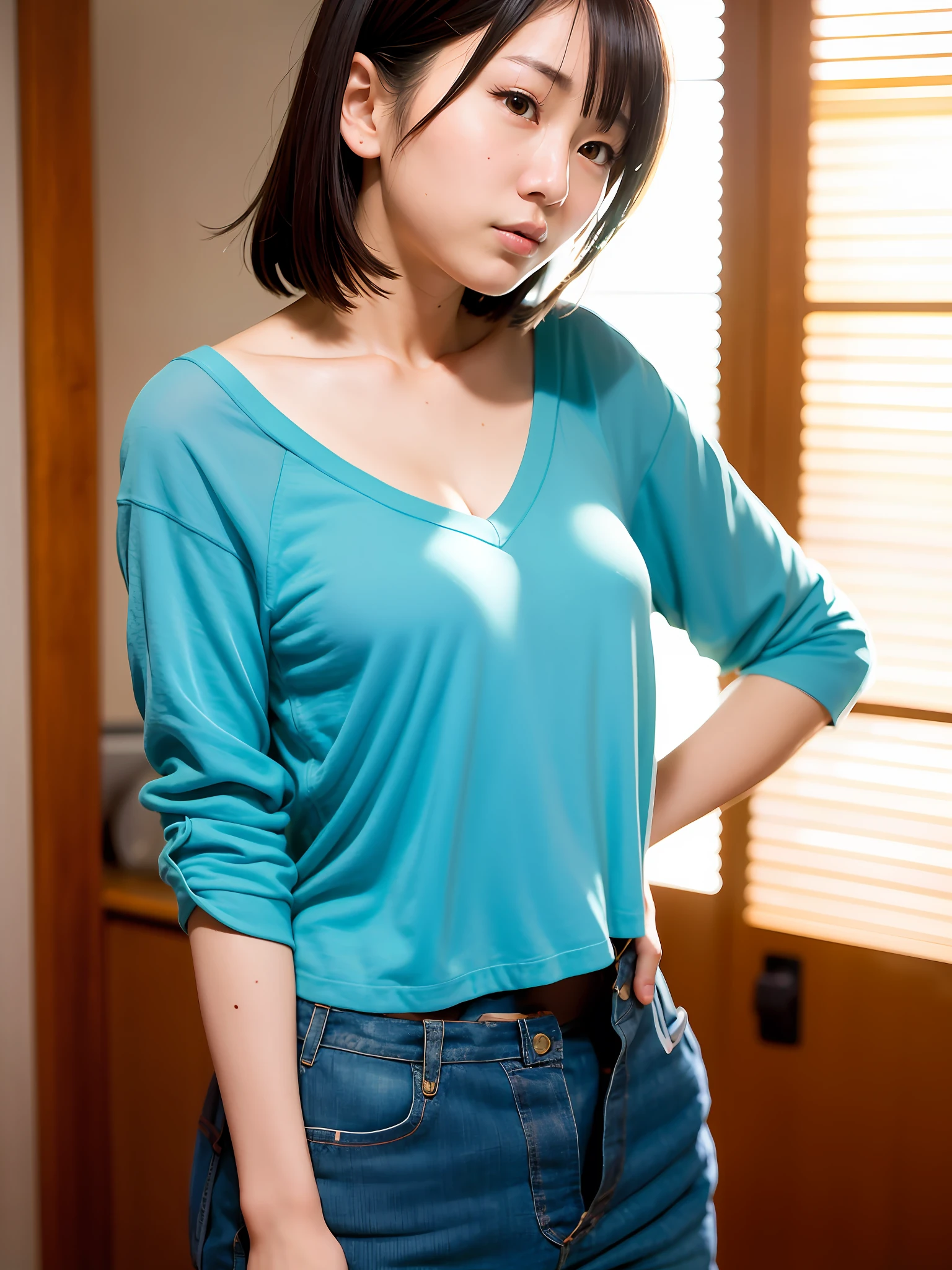 Japan person, single woman, Hikari Hino, sexy actress, photo, semi-backlit, camisole, looking at camera