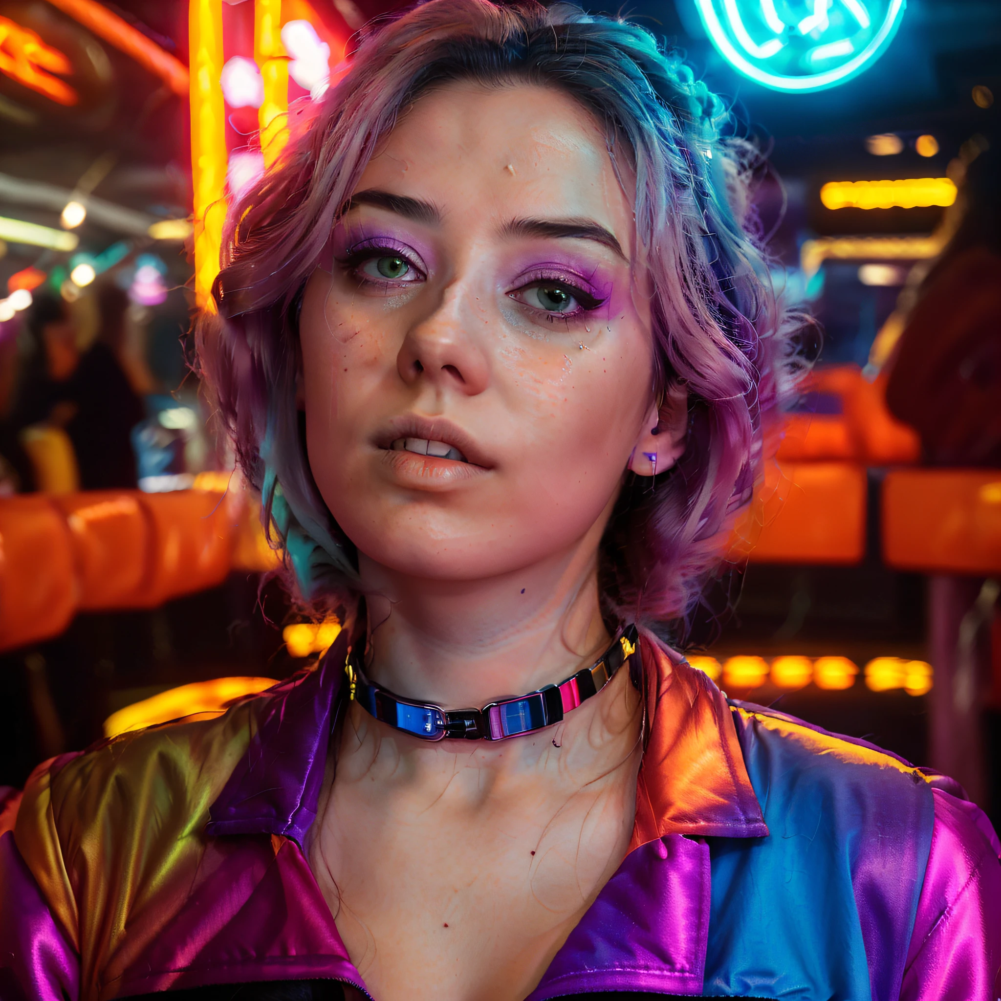 arafed woman with a colorful choke and a neon jacket, neon cyberpunk highlights, neon cyberpunk style, anna nikonova aka newmilky, cyberpunk style color, dreamy colorful cyberpunk colors, colorful glow, neon cyberpunk colors, sydney sweeney, with neon lights, bright cyberpunk glow, neon cyberpunk vibrant colors, cyberpunk vibe, synthwave inspired, portrait sophie mudd