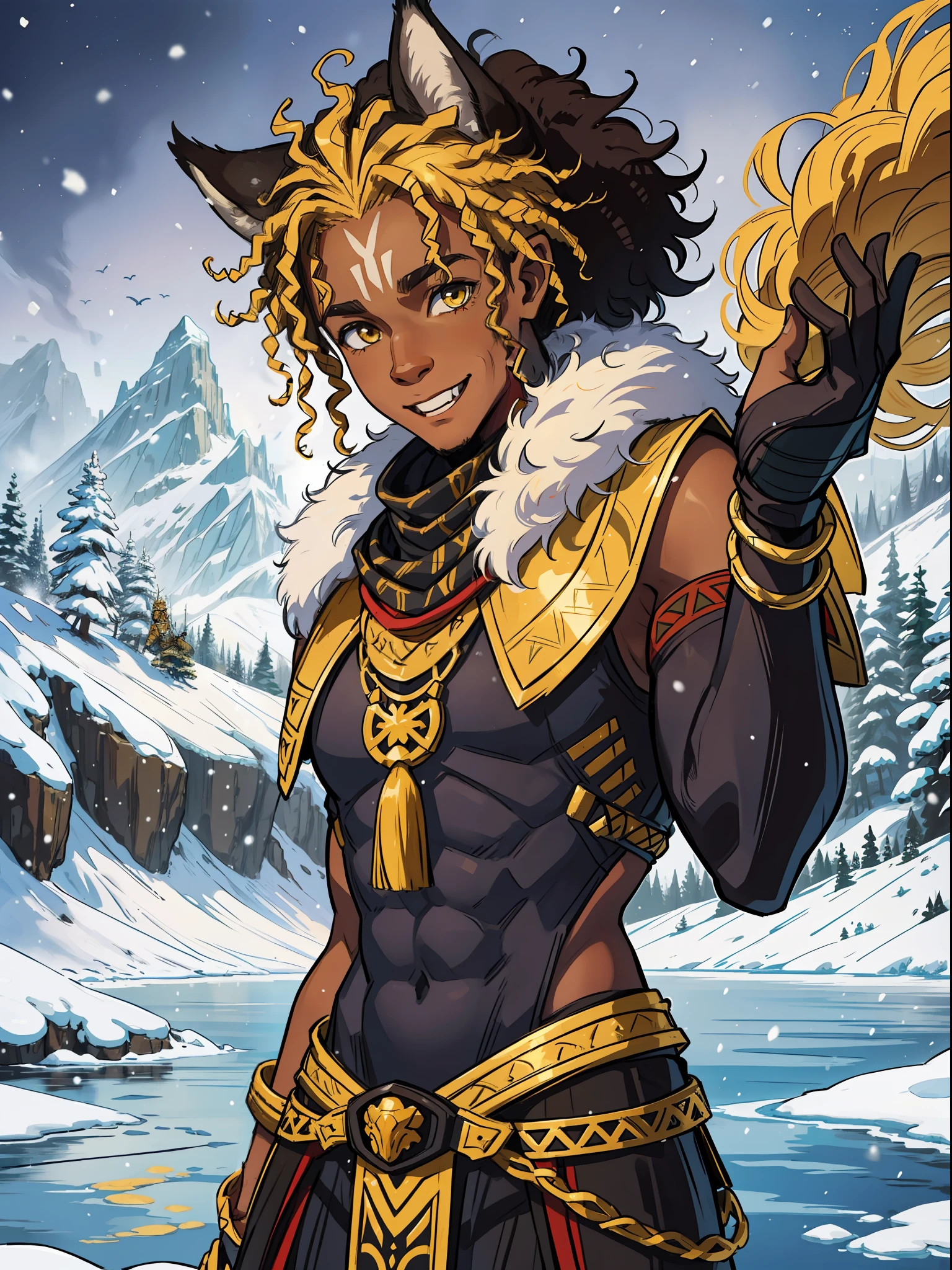 A young African warrior man from Wakanda with dark black afro brown skin with curly curly yellow hair and a fun look smiling amid a frozen lake in winter surrounded by forest in the snowy mountains wearing a medieval outfit RPG DND, put lynx ears on this man and lynx eyes