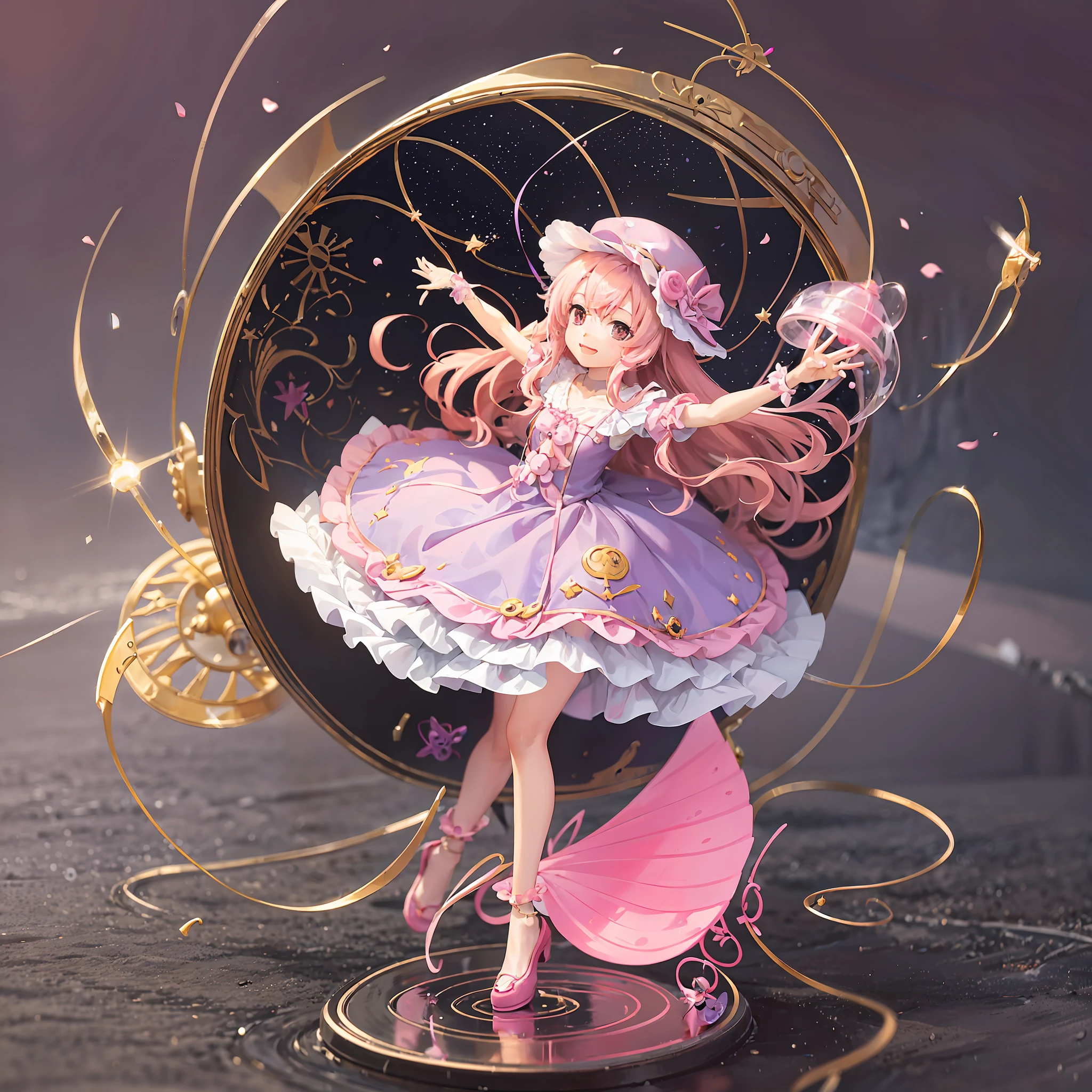 Long shot, doll in pink dress and pink hat flying in the sky, photo of PIXIV contest winner, pop-up parade figure, Good Smile Company anime style, jellyfish priestess, anime figure, Good Smile Company fantasy