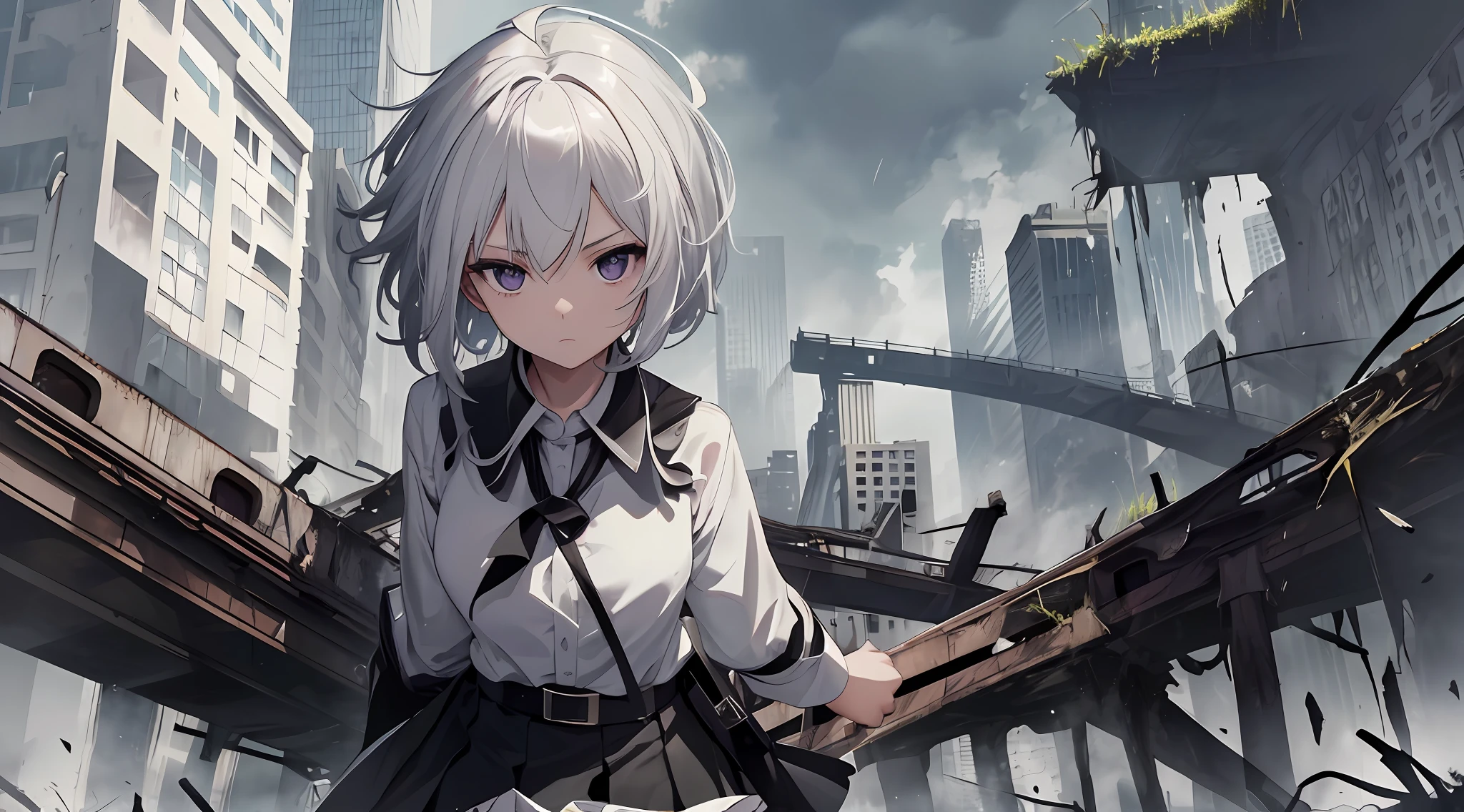((masterpiece, best quality)), (1girl), (solo), (female focus), (ahoge, white hair, short hair), black eyes, ((white shirt), (oned shirt)), ((black skirt), (short skirt)), standing, white background, arms behind back, ruined city,building, skyscraper, post-apocalypse, overgrown, debris, grass, moss, dusk, (fog:1.2), purple theme, shallow focus,