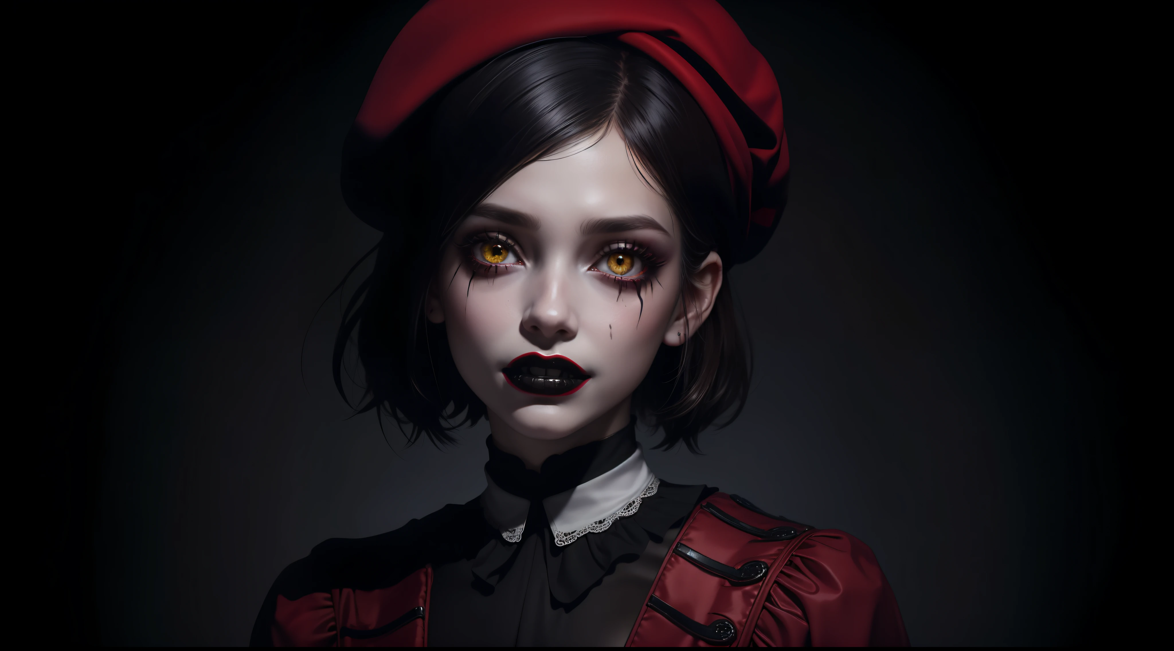 horror art, dread, horror, creppy unity 8k wallpaper, ultra detailed, beautiful ultra detailed, oil painting( a young Mime Girlwearing a classic beret, She has short hair in dark brown color and her eyes are yellow, she wears white makeup on her face, on her left cheek she will have the symbol of swords, On her right cheek the symbol of hearts, she will have disfigured black makeup in her eyes, the environment is in a dark room the only source of light will be on top of the girl's head, she will have a scary smile, and wear red gloves