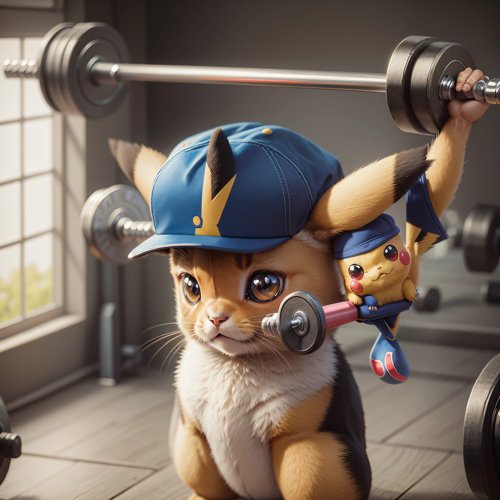 cute Pokemon pikachu, with ash's cap, taking dumbbells in the gym, hyper realistic --auto --s2