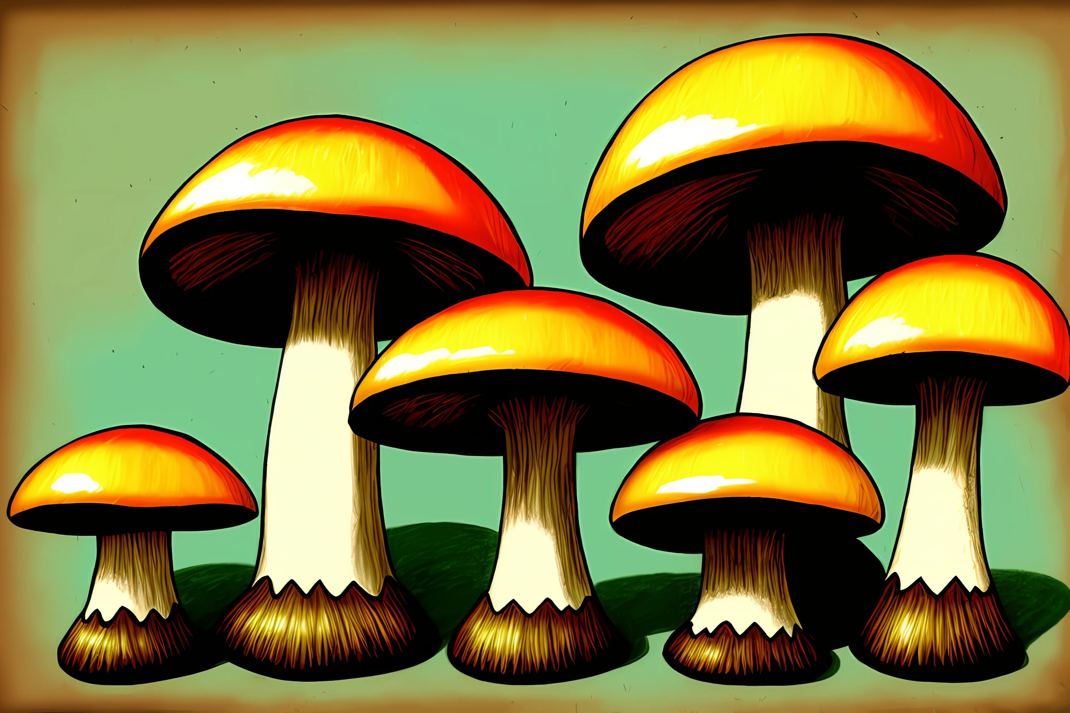 Three mushrooms of different sizes steampunk style painted in colored pencils