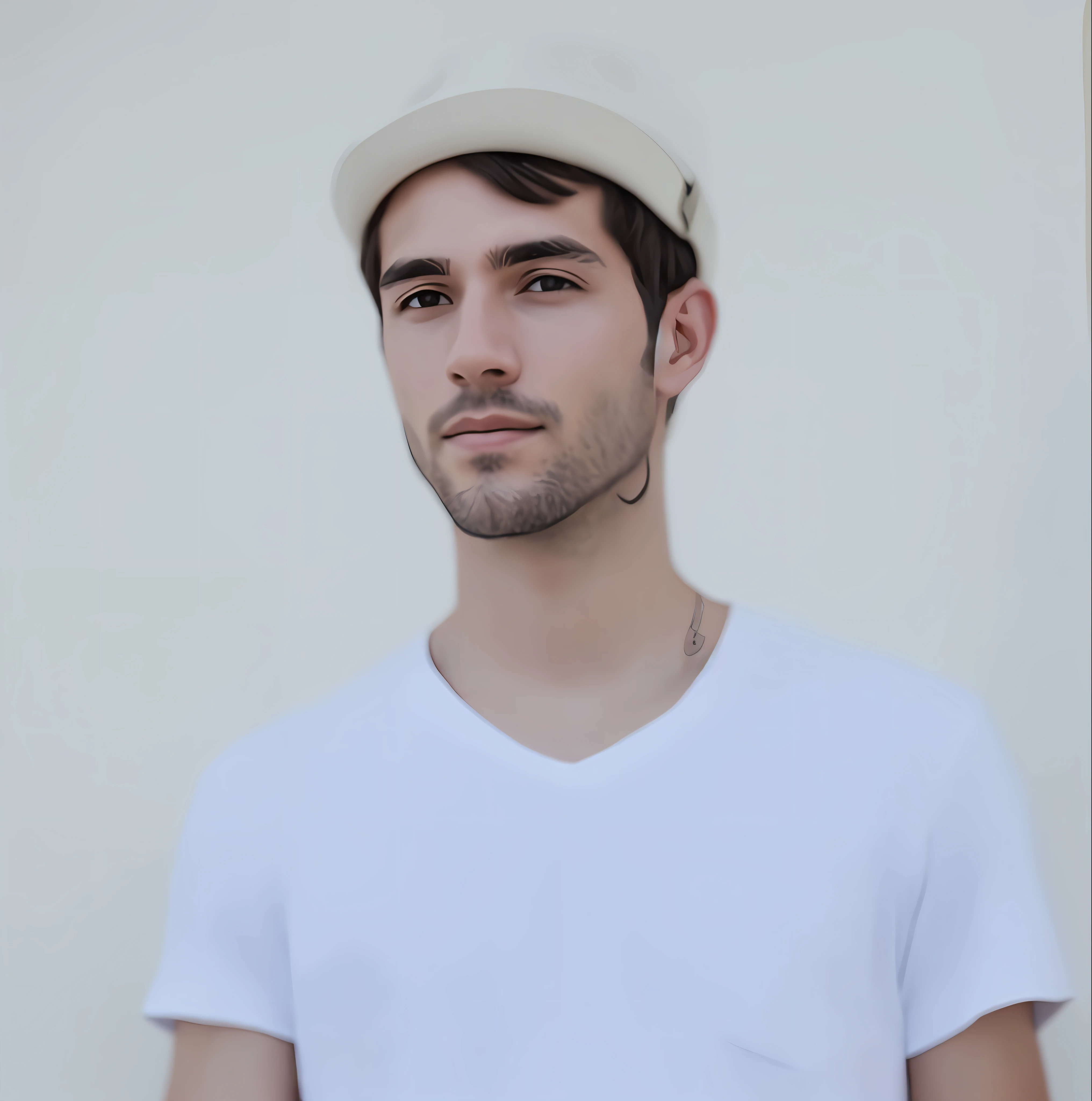 Man in white shirt and hat holding a skateboard, portait profile photo, half-body portrait, male type, profile picture:1.1)