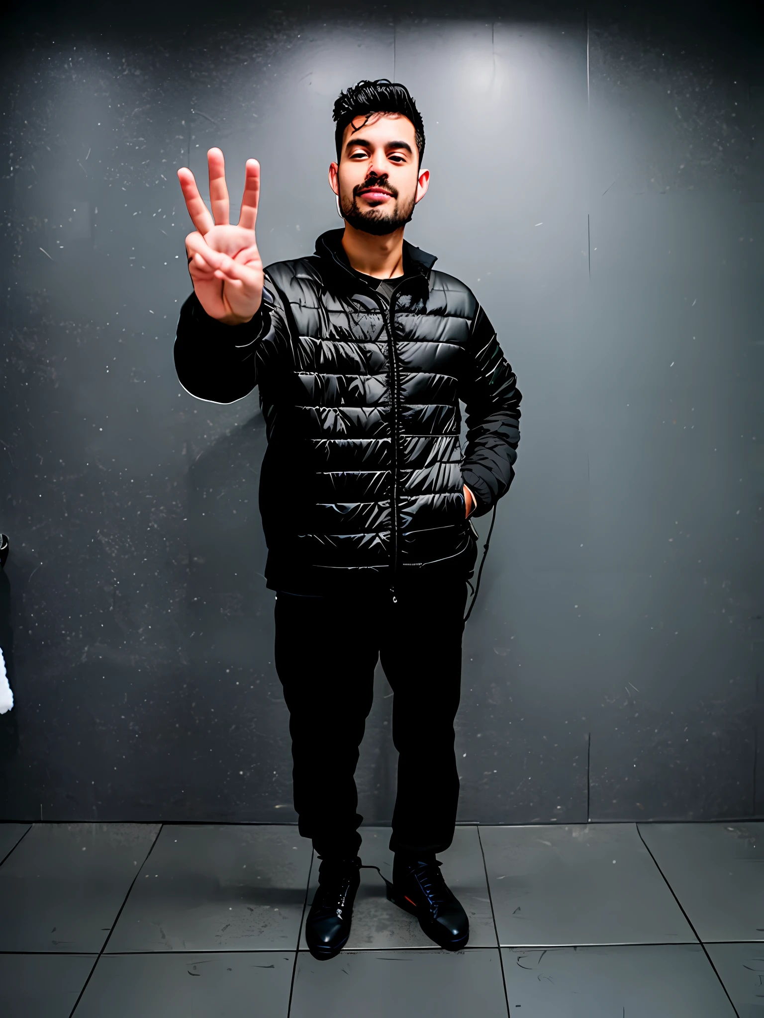 arafed man in a black jacket and black pants standing in a bathroom, full body picture, 5 fingers). full body, wearing jacket, 2 4 years old, profile picture 1024px, full body photogenic shot, frontal pose, full body full height, four fingers maximum, in full growth, 2 7 years old, full body pictures