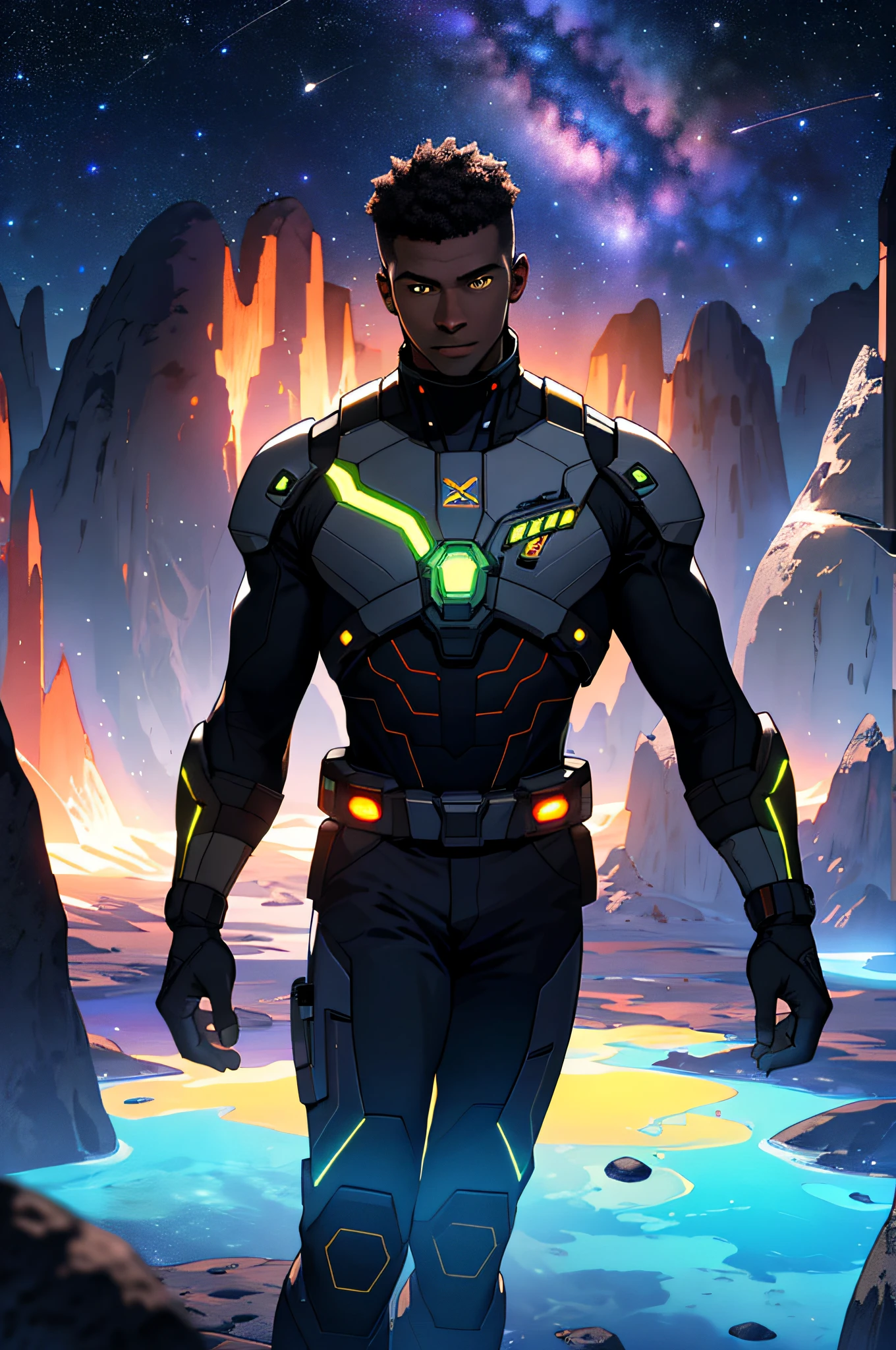 Draw a young African sitting on a research platform floating in the middle of an asteroid belt. He is studying with a Notebook, surrounded by several asteroids glowing with auras of fire, Astrophotography, The dramatic illumination of distant stars and planets illuminates the scene, casting deep shadows on the suit. The young man looks confident and determined, looks gorgeous, looking at the vast and mysterious universe with admiration and respect, cowboy shot, neon, masterpiece, best quality, ultra-realistic