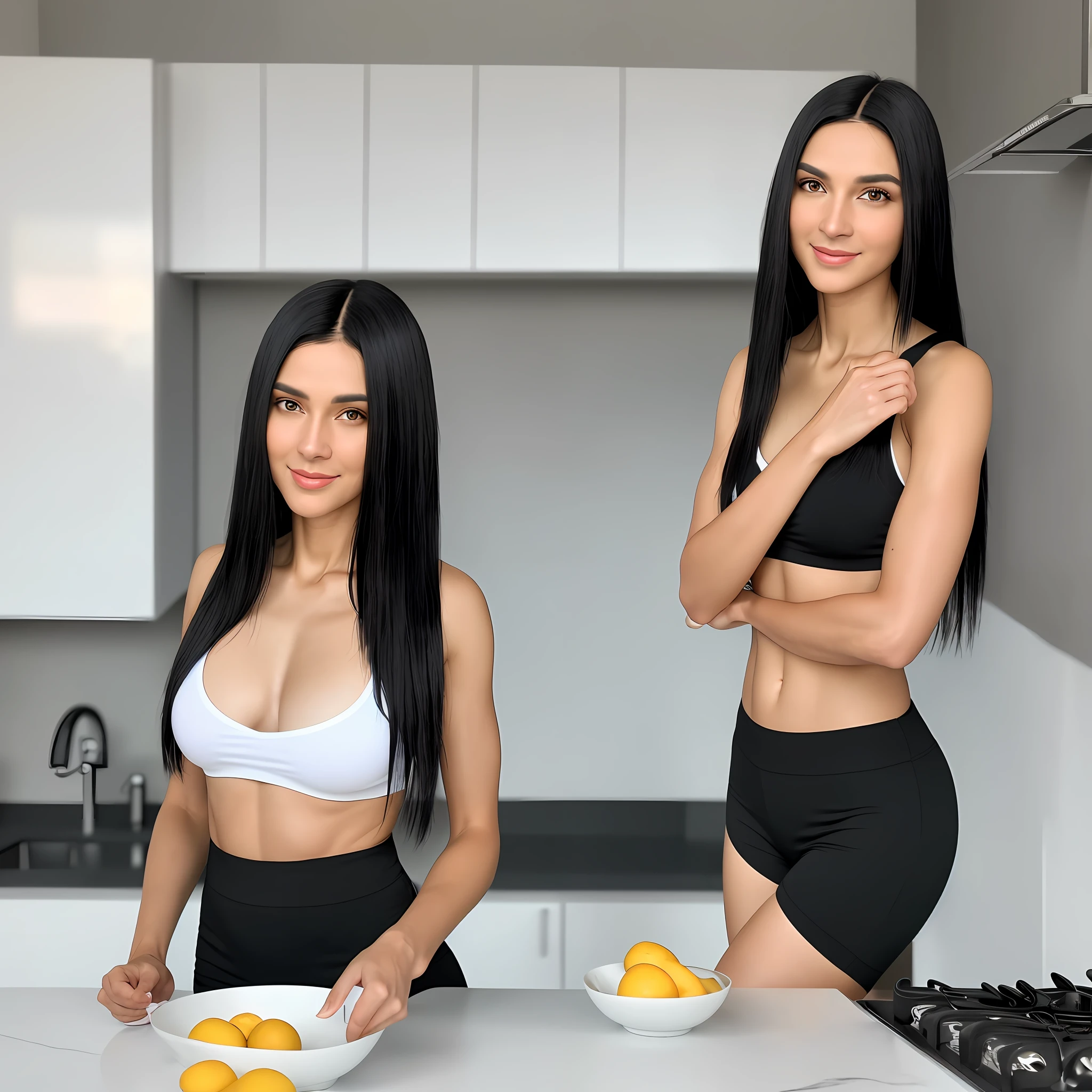 (8k, RAW photo, best quality, masterpiece: 1.2), (realistic, photorealistic: 1.37), 1 woman, 28 years old, beautiful, tall, black hair, straight, white skin color, fitness body, Brazil, kitchen, illuminated.