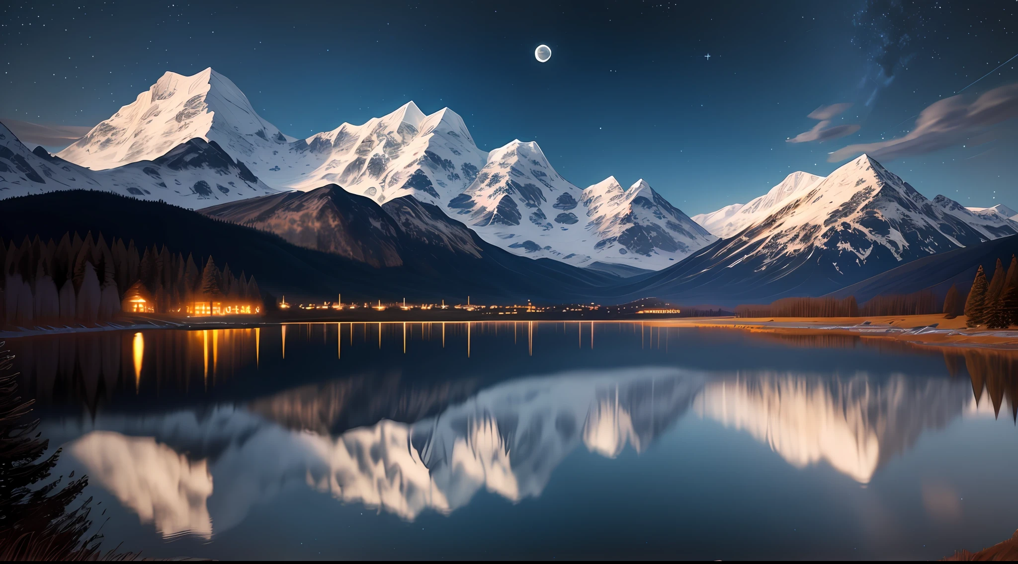 Very starry night. A giant moon behind the mountains. A tranquil lake reflecting the night. Realistic scene, detailed, photorealism, 8k