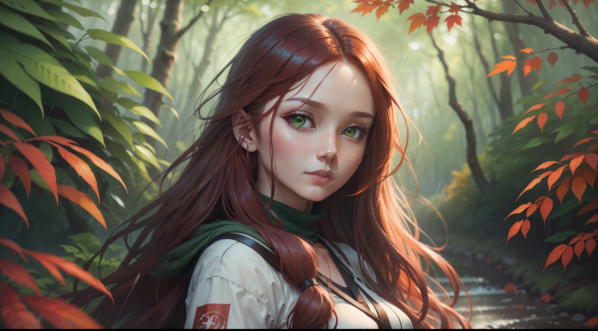 Red girl with long hair, green eyes, bag of arrows on the coast, forest in autumn, rain, beautiful portrait of Nami, 8K Artgerm bokeh, anime, natural soft lighting, a bridge, waist-thin, hyper realistic anime