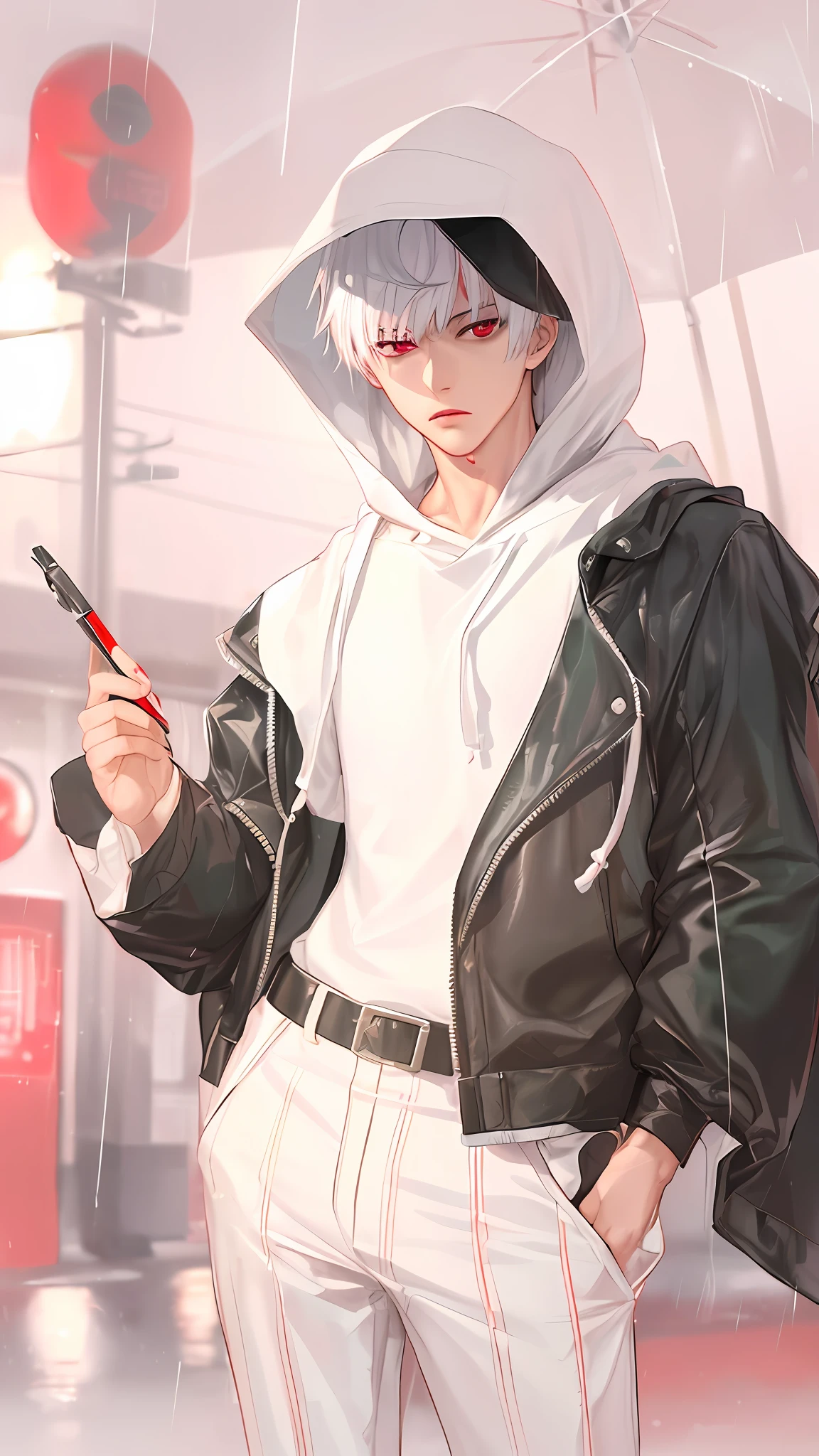kk, best quality, more details, masterpiece, 1boy, kaneki ken, portrait, male focus, red eyes, solo, bangs, looking at viewer, hood, short hair, rain, tokyo tokyo \(city\), hood up, nail polish, white hair, luxurious, 8k, detailed, ray tracing, depth of field, cinematic lighting,