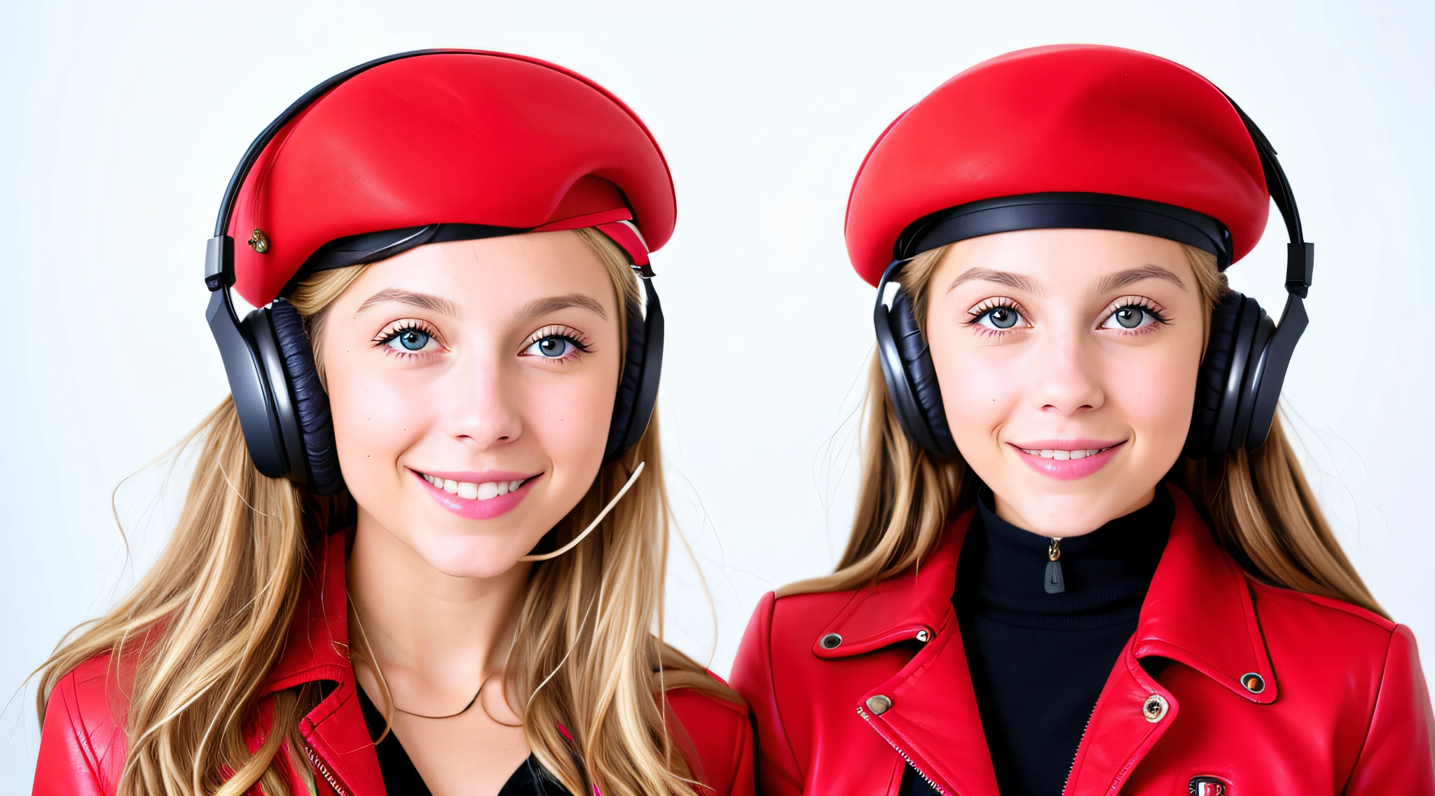 GIRL CHILD 8 YEARS OLD, BLONDE RUSSIAN STYLE HEADPHONES, RED LEATHER JACKET AND BERET, MESSY SHOULDER LENGTH BLONDE HAIR, RED BACKGROUND, BROWN EYES, HAPPY, CLEAN DETAILED FACES, INTRACATE CLOTHES, ANALOGOUS COLORS, BRIGHT SHADOWS, BEAUTIFUL GRADIENT, DEPTH OF FIELD, CLEAN IMAGE, HIGH QUALITY, HIGH DETAIL, HIGH DEFINITION, Luminous Studio graphics engine,  beautiful face