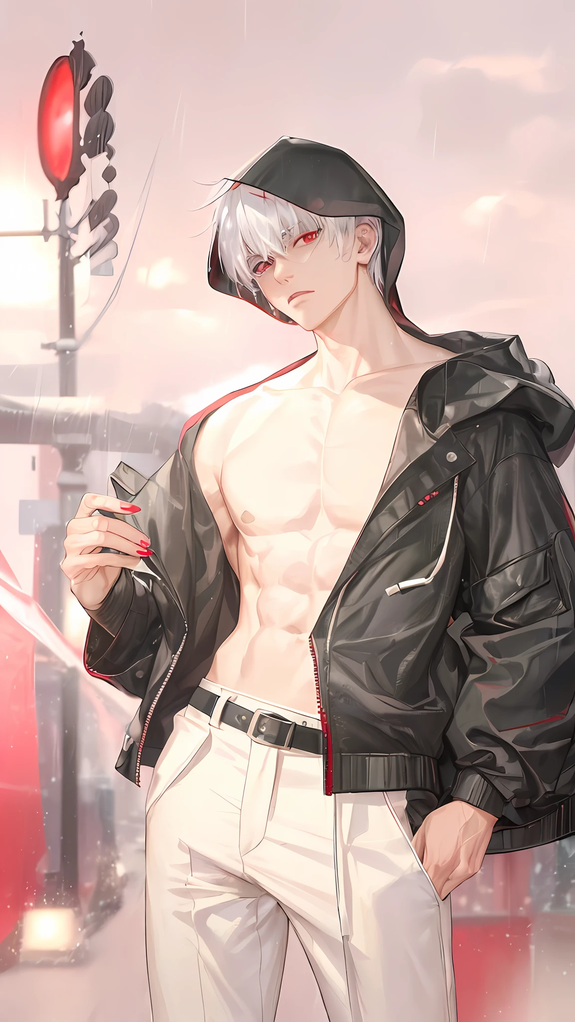 kk, best quality, more details, masterpiece, 1boy, kaneki ken, portrait, male focus, red eyes, solo, bangs, looking at viewer, hood, short hair, rain, tokyo tokyo \(city\), hood up, nail polish, white hair, luxurious, 8k, detailed, ray tracing, depth of field, cinematic lighting,