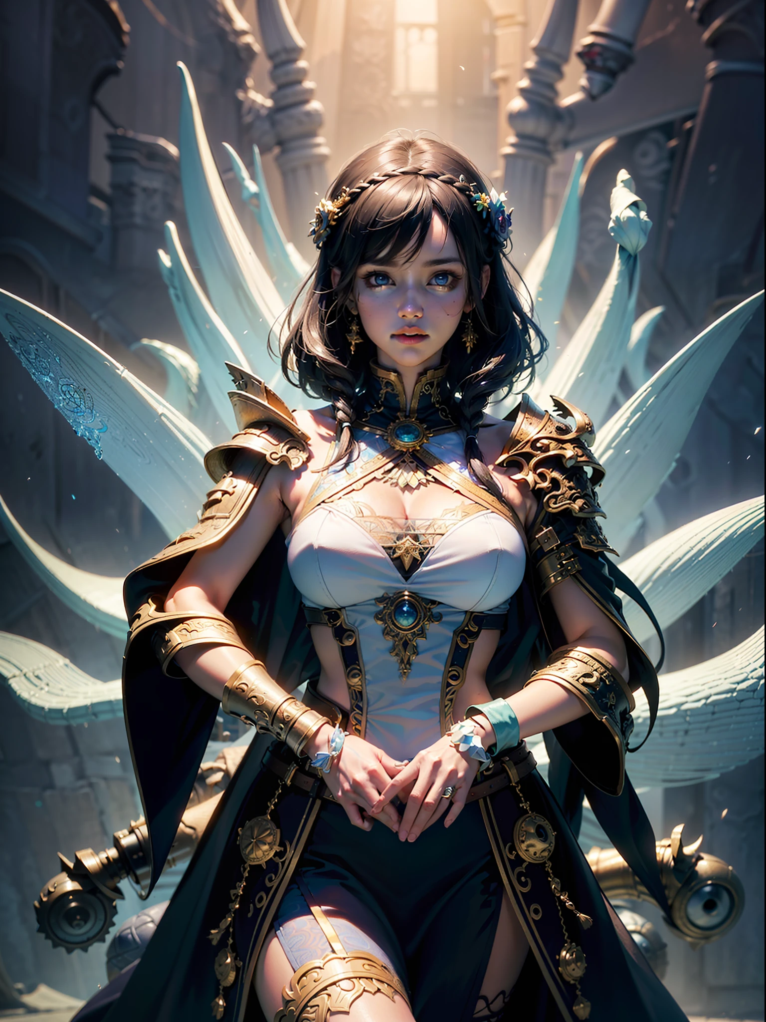 ((best quality)), ((masterpiece:1.2)), (extremely detailed:1.1), (8k, high quality, cinematic, hyper realistic, illustration), (autodesk maya, octane render, unreal engine, game character, ray tracing, hdr), (35mm focal length, f/2 aperture, dynamic perspective, depth of field),(1girl, dynamic angle), the most beautiful form of chaos, a brutalist designed, vivid colours, (zentangle, mandala, tangle, entangle), (fractal art), silk web, 3d, realistic, CG, 3D model, beautiful, elegant, confident, (hdri, bloom, rim lighting, soft lighting, low key), delicate\(armor\) wizard robe