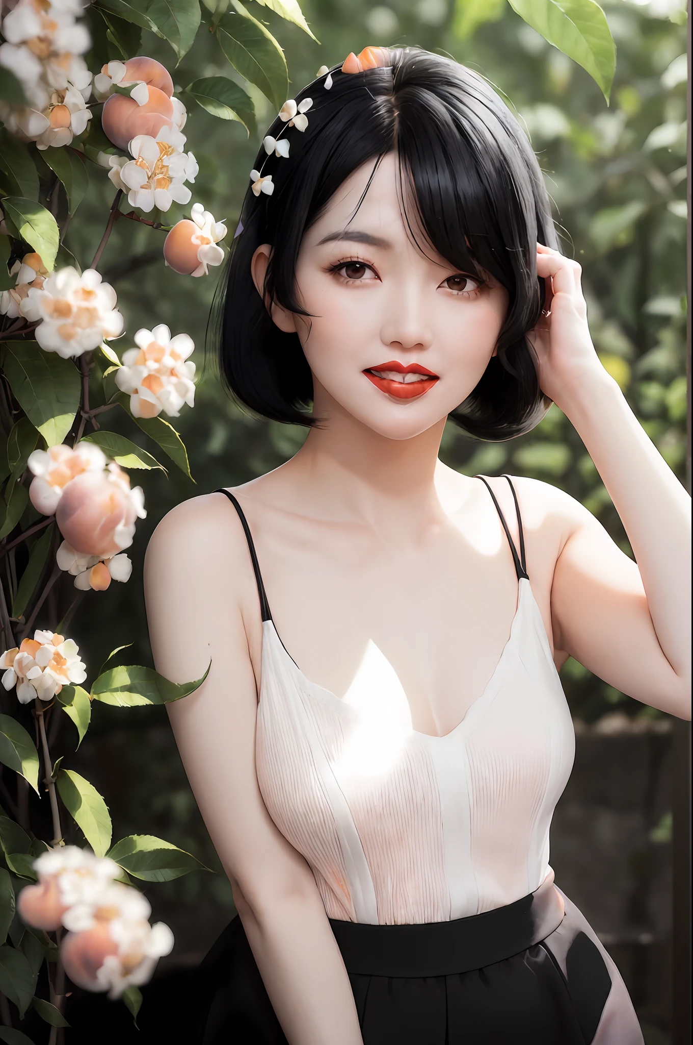 A japanese woman stands in a park where white clover blooms all around, charming A japanese woman stands in a park where white clover blooms all around, a forest can be seen in the background, exquisite and beautiful face, exquisite collarbone, seductive and delicate collarbone, charming fragrant shoulders, shoulders slightly exposed,  open-shoulder long sweater,sky blue sweater, pretty face, (peach Red lips:1.6), tender and smooth skin,(white skin:1.6),(black hair:2.0),(bob hair:1.2), short hair,(smile:1.2),smile with teeth, white teeth,very realistic details,  ultra-high resolution,bokeh,outstanding details, full body