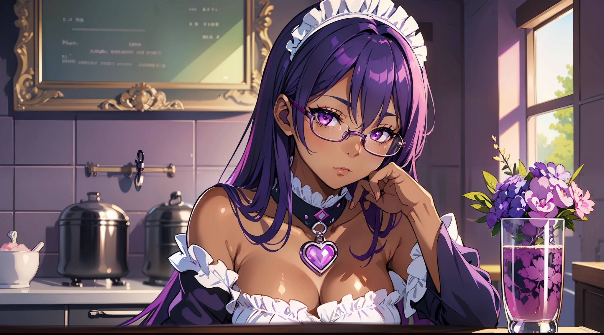 (ultra detailed sexy maid),Dark skin, dark skin, (violet purple hair), (navy blue hair), (pink eyes),(thin frame glasses):(1.2),focus on face,curvy body,soft and detached lighting,serving in luxurious home,modern and elegant kitchen.
