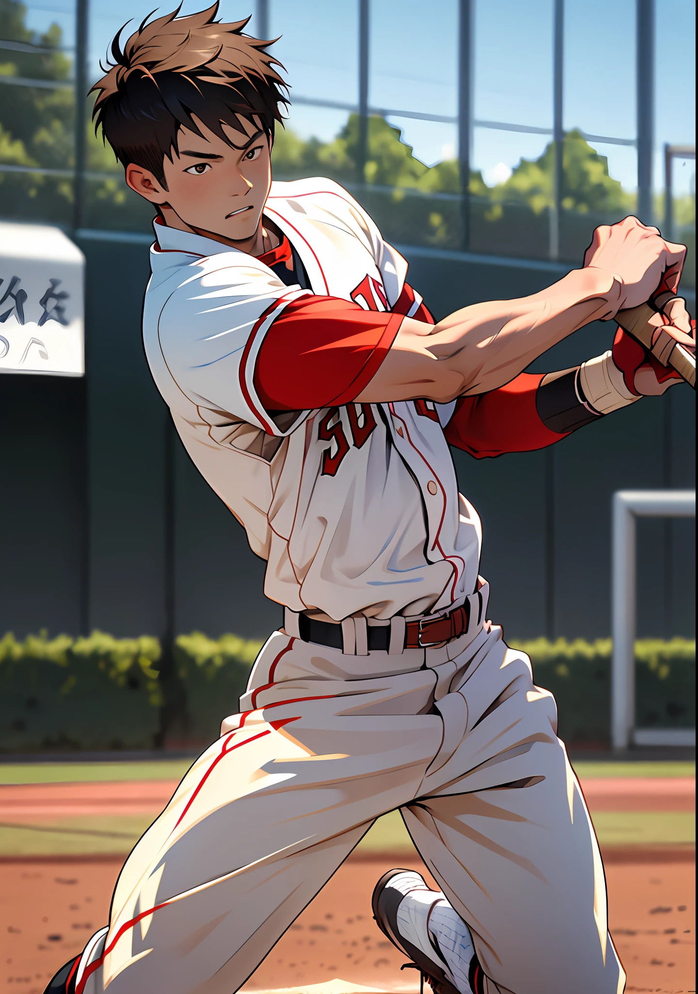 (masterpiece, top quality), Shohei Otani, one, batting, muscular, short hair, brown eyes, tan, complex, baseball field, full body, white baseball uniform, red jacket, bright colors, (depth of field: 1.2),