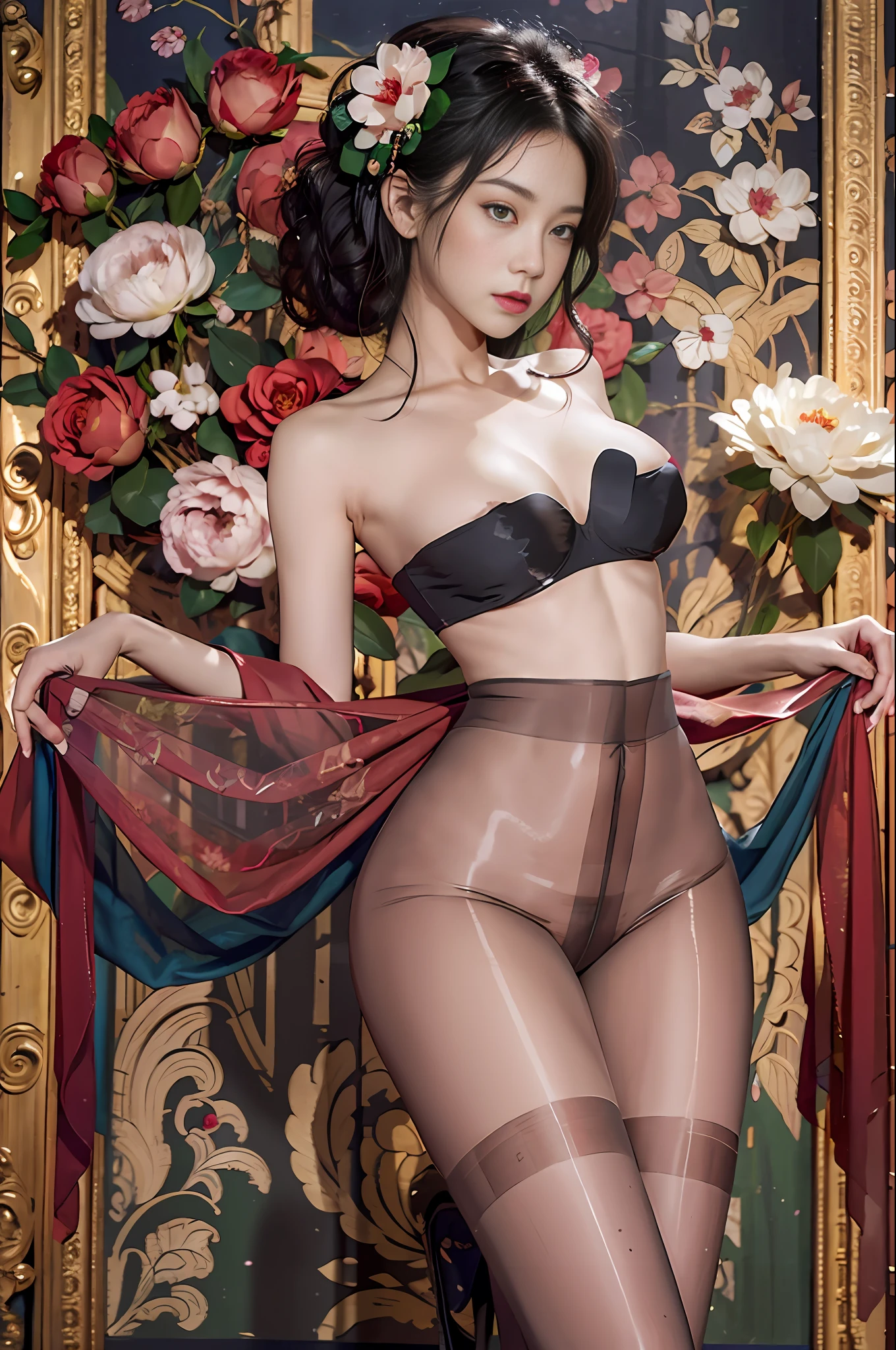 movie portrait photography, 1girl, 27 years old,correct body structure, perfect body, fair skin, pretty face, detailed face, blush, face, maid hair ornament, charming body, slim, wide hips, thin waist, high fork gymnastic suit, black bra, black lace panties, busty & deep, black pantyhose, long legs, no skirt, stockings, thigh stockings, standing on bench with full body photo, leg focus, fair skin with bare shoulder length, serenity, calm, (realistic details, Natural skin texture, realistic face details), soft dramatic lighting, fine details, surrealism, 35mm film, 16k, peony, rose, cherry blossom, rainforest, lots of flowers, juice:1.3), on back, from behind