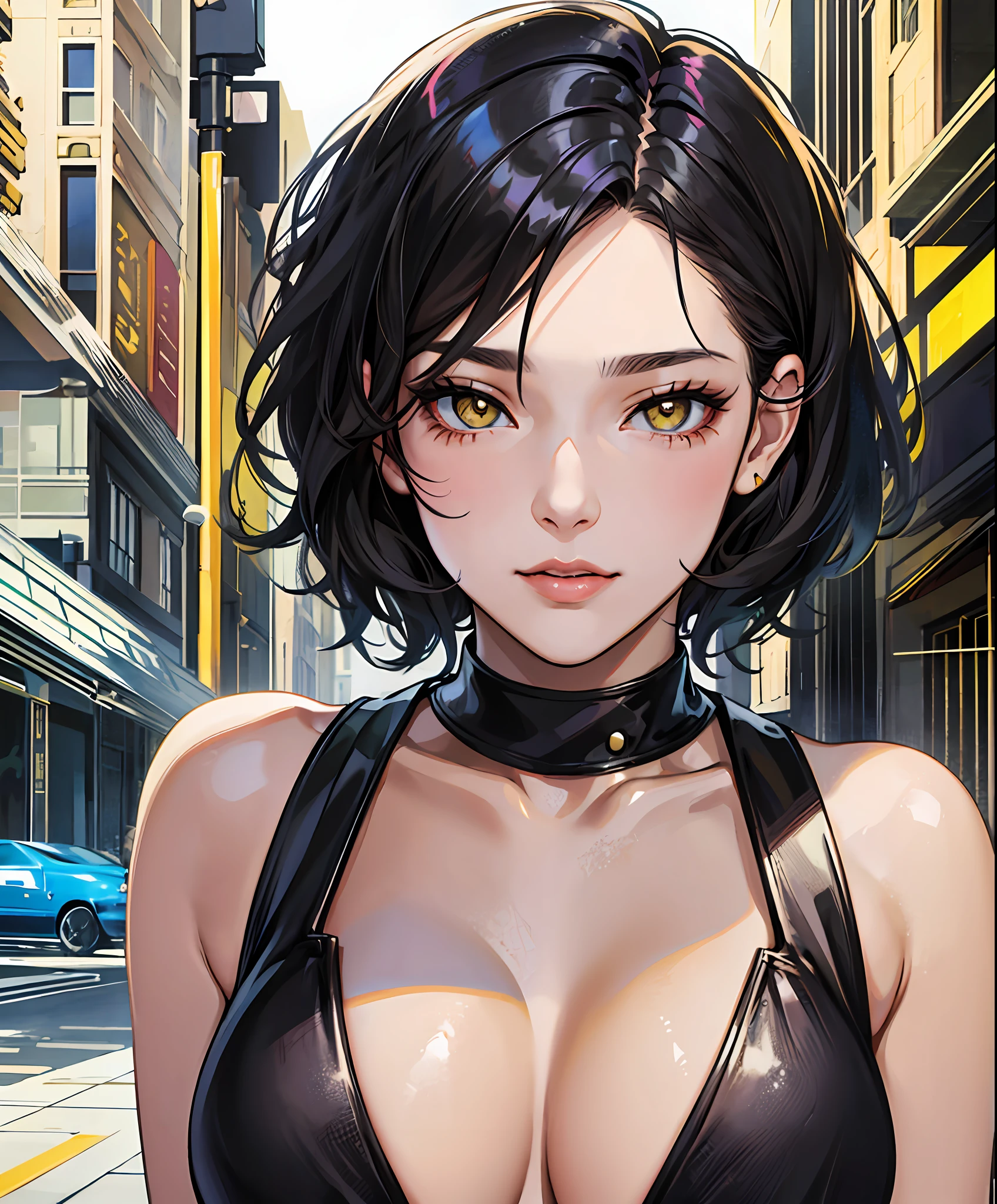 Noah Nozami, beautiful girl, (1 girl), with French black Bob hair, big light yellow eyes, digital art style, manga style, bikini, realistic --auto --s2