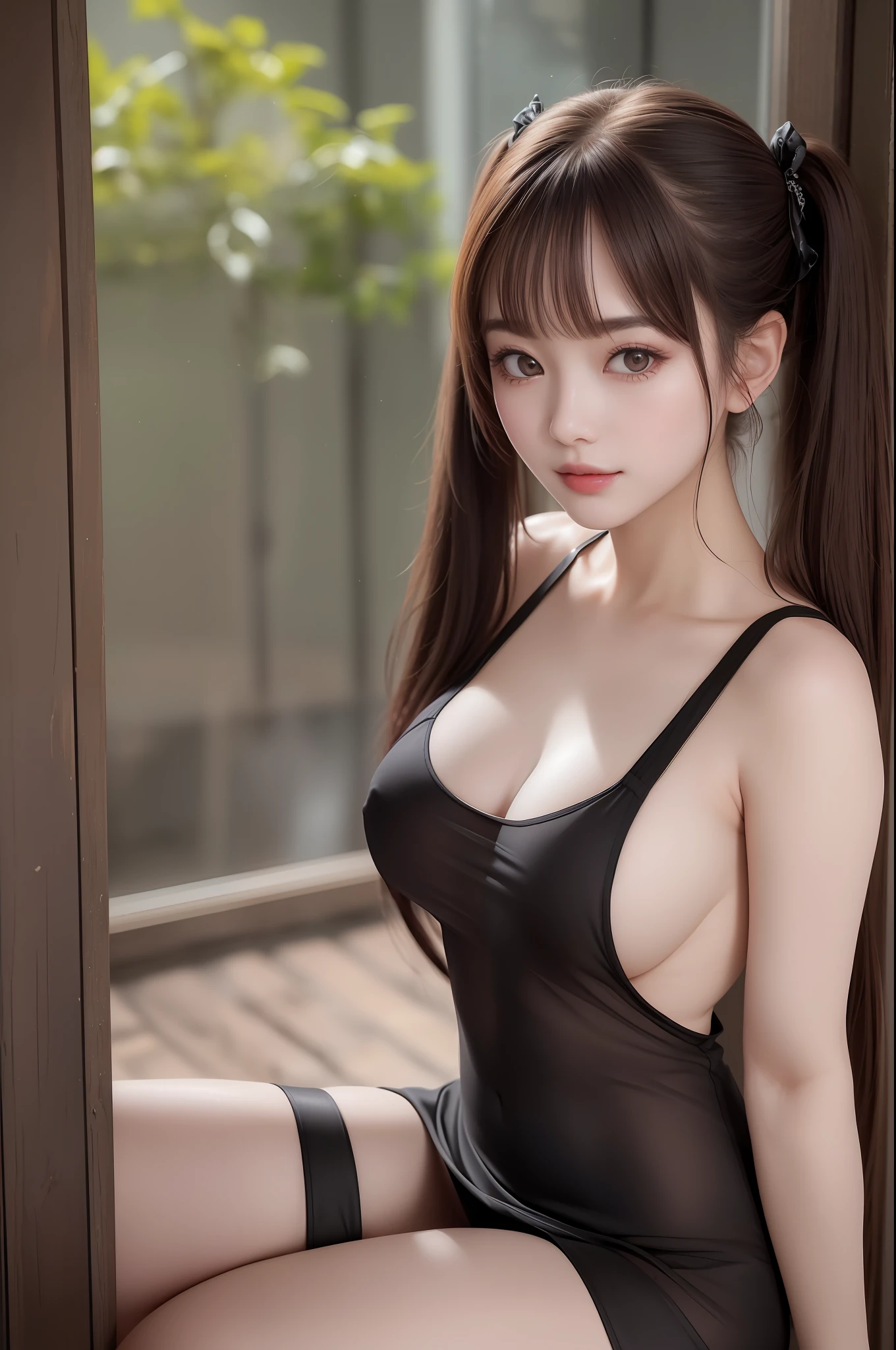 ((22 y.o nude girl in a black (see-through:0.9)apron)), (kpop idol), sitting on the floor, ((dynamic pose)), pale skin, (((natural breasts, big breasts))), (aegyo sal:1.1), (narrow waist), long((low twintails)), brown-hair, ((puffy eyes)), looking away, smiling, sexy, bangs, doorway, porch, indoors, public, (Bokeh), ultra-detailed, best quality, ultra high res, (NSFW:1.05),