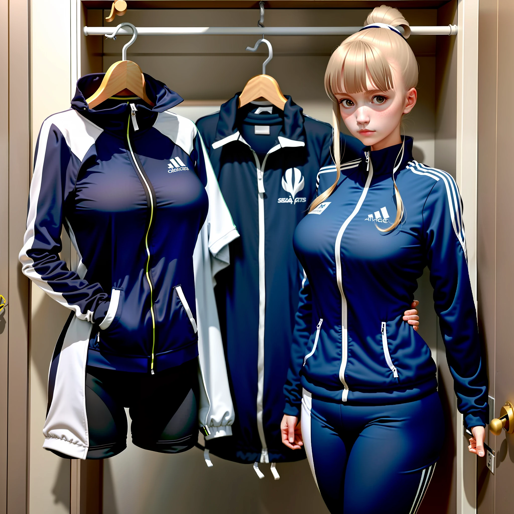 Invisible girls, world without humans, headless, sailer uniforms, (realistic: 0), headless, empty, handless, headless, invisible girls, tracksuits with cleavages, empty clothes, invisible body, invisible head, empty clothes, invisible girl, hanger tracksuits with cleavages, invisible body, invisible head, tracksuits has big breasts and cleavages, tights, hanger tracksuits in a closet swells as if worn by invisible busty girls, girl's busty tracksuits begin to pose on its own as if worn by invisible girls, hanger tracksuits has big breasts and cleavages