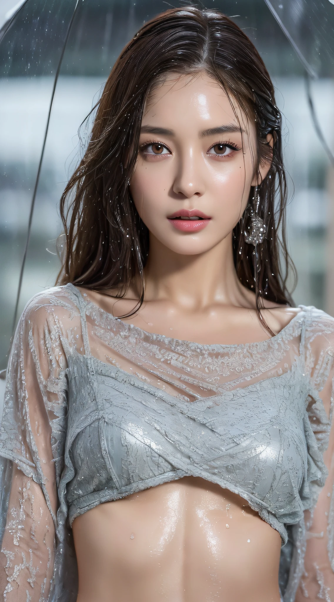 (Best quality, 4k, Masterpiece :1.3), pretty woman, 1girl, (breasts, skinny, gorgeous body :1.2), abs :1.1, dark brown hair: 1.1, (raining, rainy wet, wet body :1.2), ultra-detailed face, detailed lips, detailed eyes, double eyelid