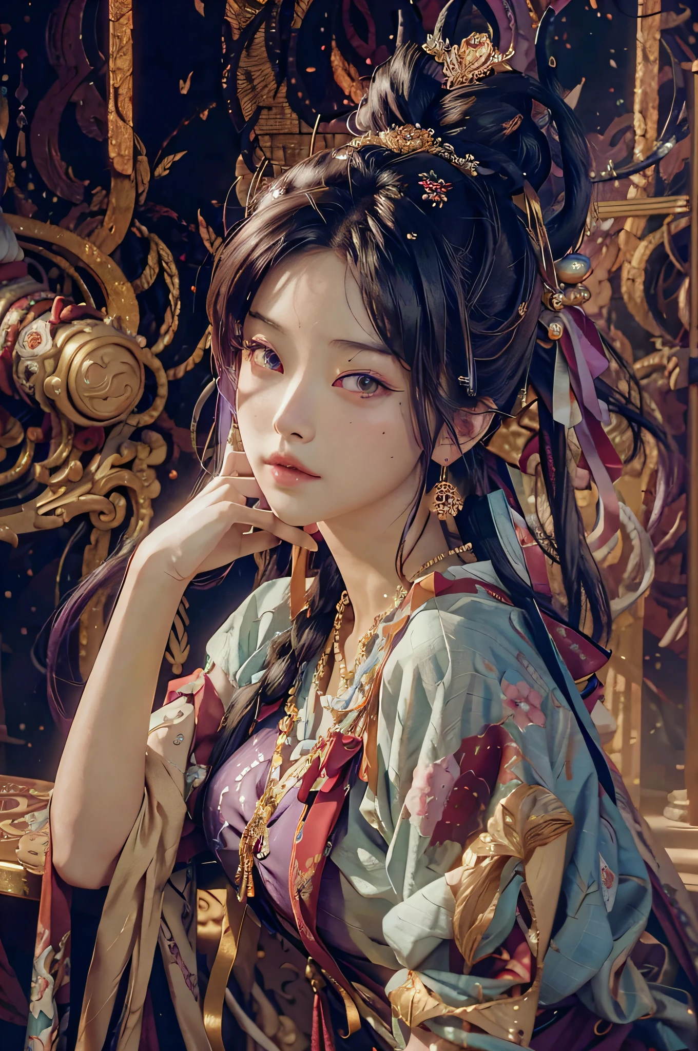 (RAW photo, best quality), (realistic, photo-realistic: 1.3), best quality, highly detailed, masterpiece, ultra-detailed, illustration, 1girl, upper_body, dynamic angle, world masterpiece theater, purple messy_long_hair, best quality, extremely detailed CG 8k wallpaper unit, ink, amazing, cinematic lighting, lens_flare, dunhuang_style