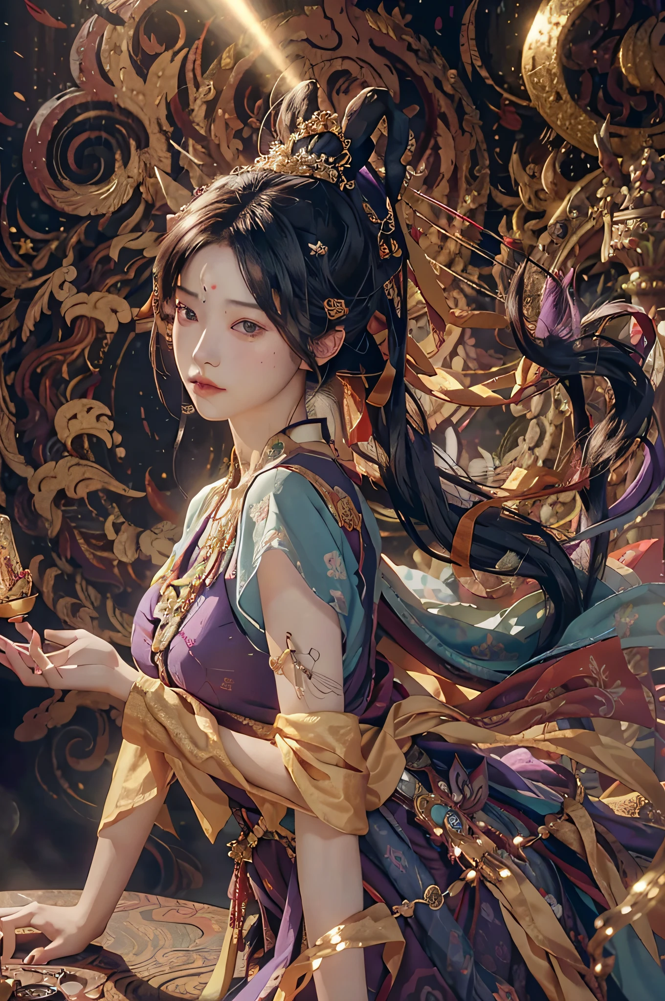 (RAW photo, best quality), (realistic, photo-realistic: 1.3), best quality, highly detailed, masterpiece, ultra-detailed, illustration, 1girl, upper_body, dynamic angle, world masterpiece theater, purple messy_long_hair, best quality, extremely detailed CG 8k wallpaper unit, ink, amazing, cinematic lighting, lens_flare, dunhuang_style